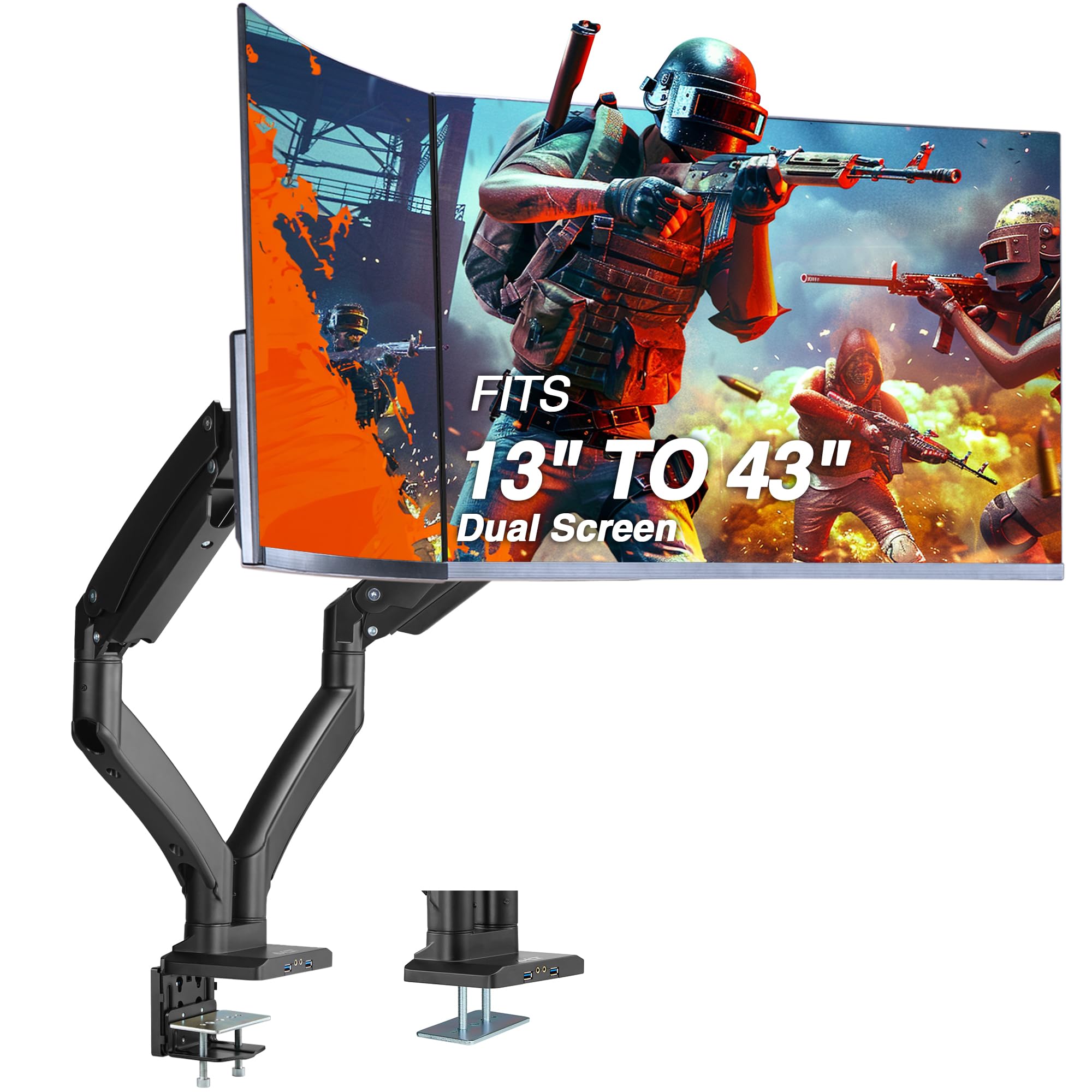 AVLT Dual Monitor Arm Desk Mount 13-43in Full Motion VESA USB Pass Through Black