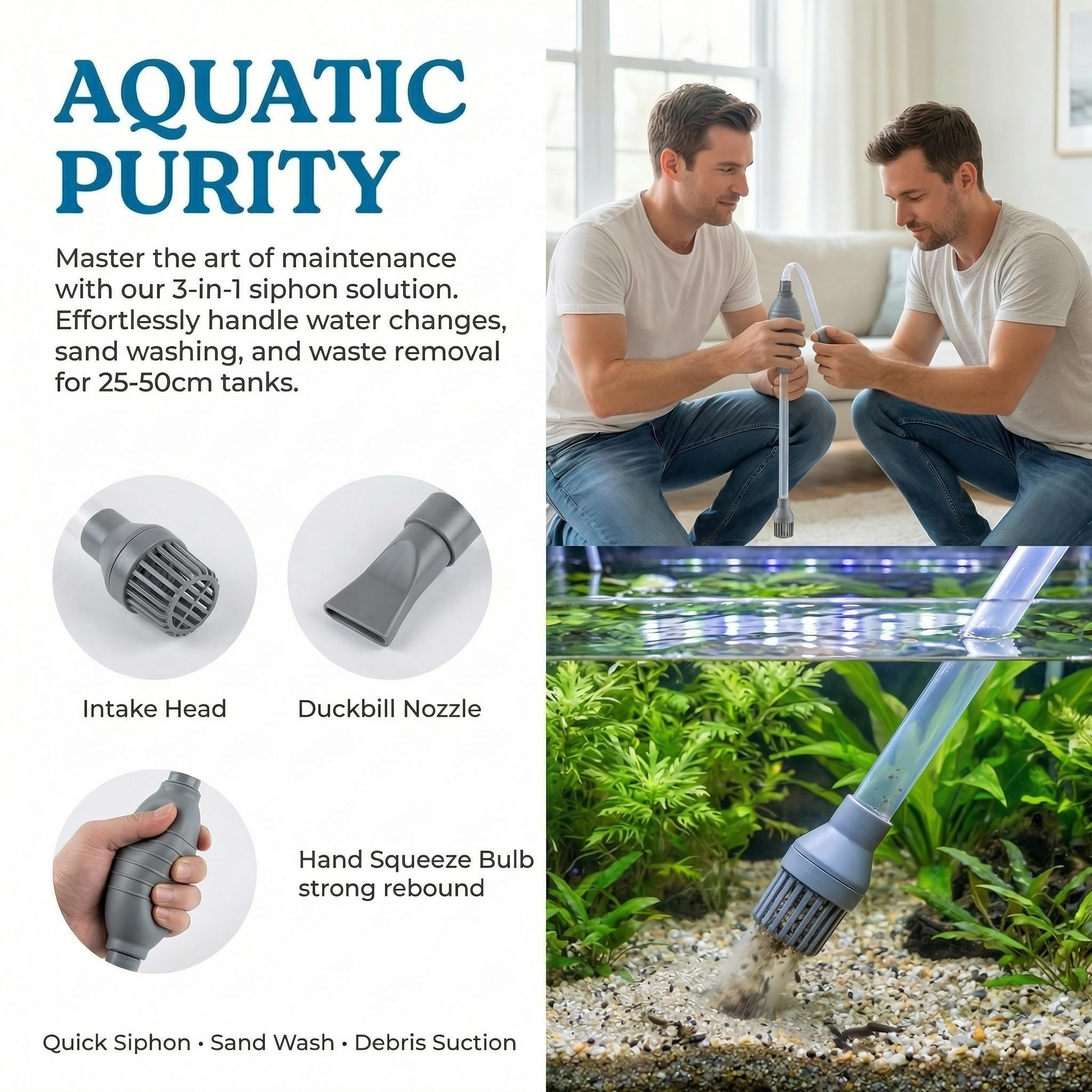 Delyle Aquarium Siphon Gravel Cleaner, 3-in-1 Fish Tank Vacuum with Sand Washer,