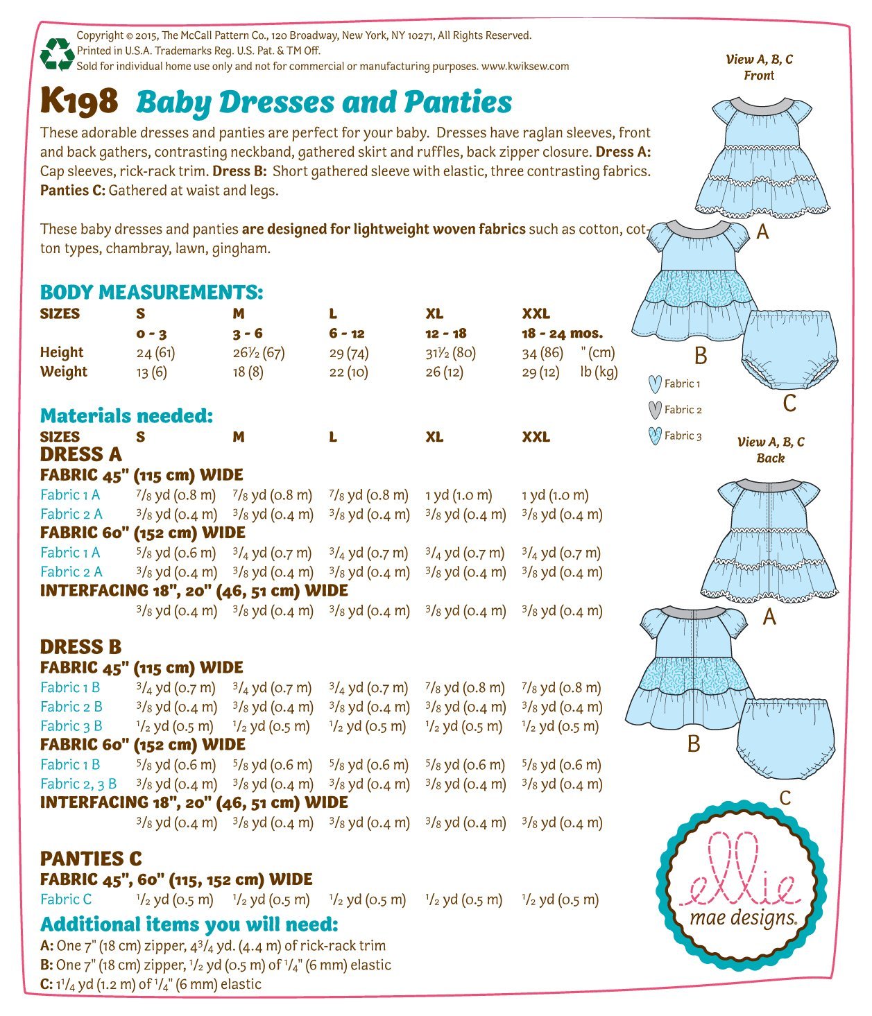 KWIK-SEW PATTERNS K0198 Baby Dresses & Panties, in One Envelope (S - XXL)