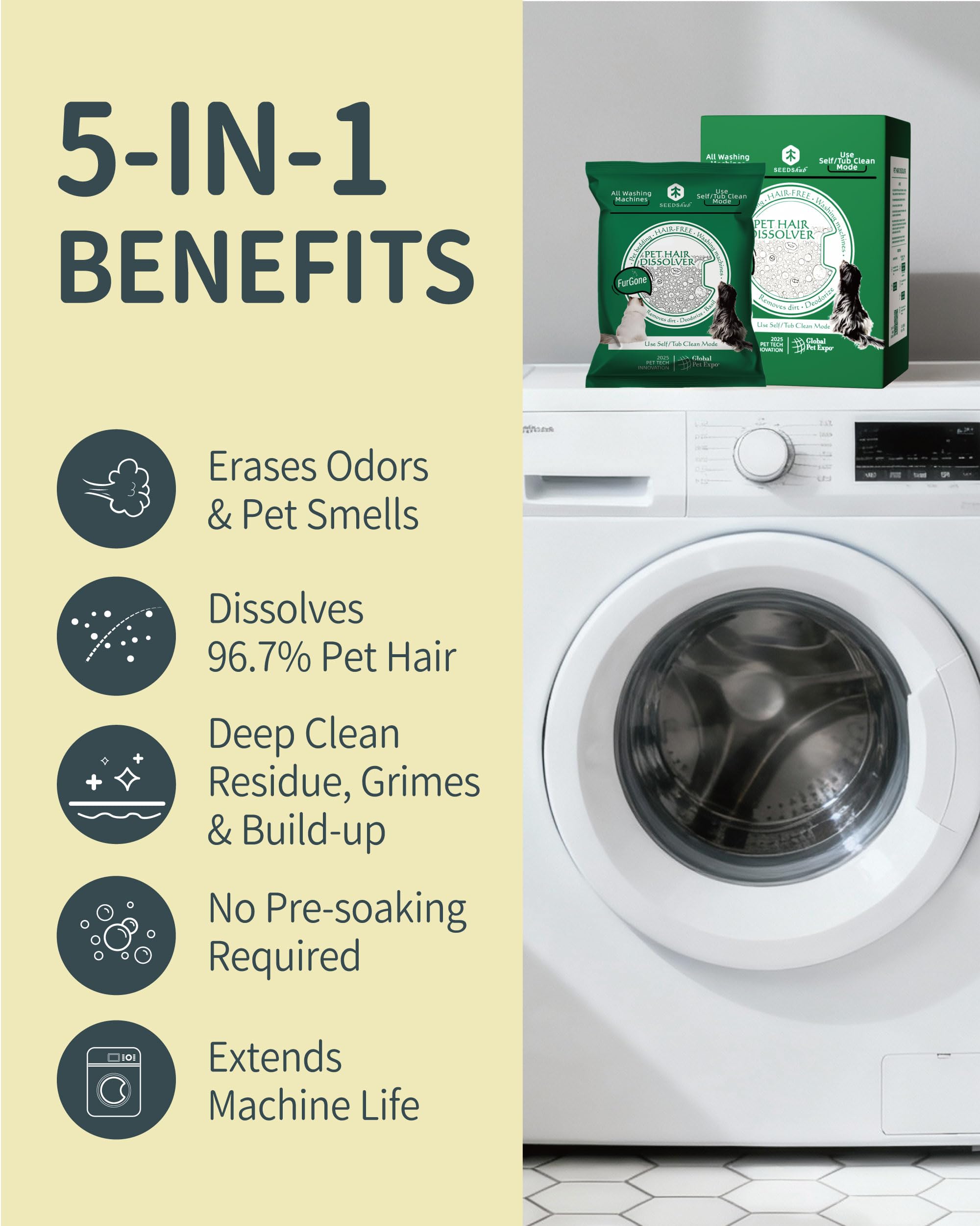 Pet Hair Dissolver Washing Machine Cleaner Powder 12 Sachets Dog Cat Stain 100g