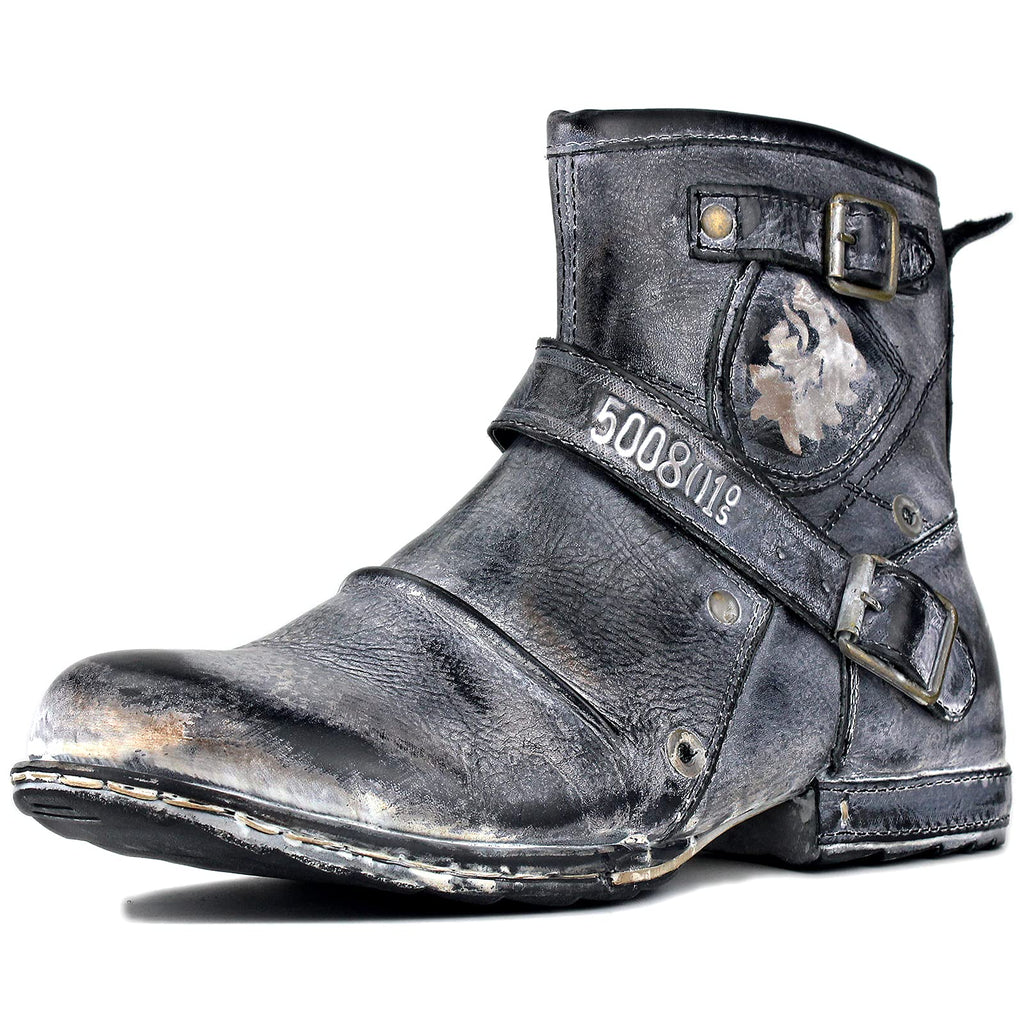 OSSTONE Men Moto Boots Zipper Leather Chukka Casual Distressed Black US8.5