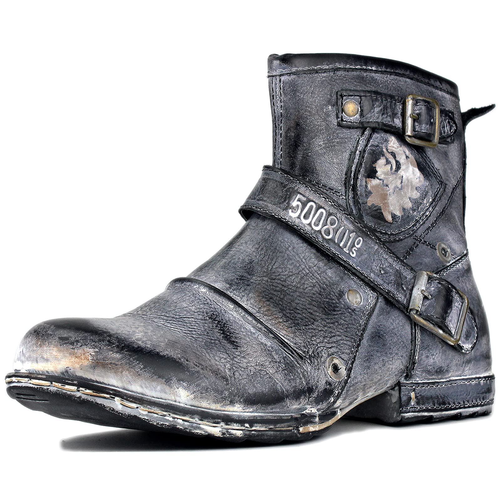OSSTONE Men Moto Boots Zipper Leather Chukka Casual Distressed Black US8.5
