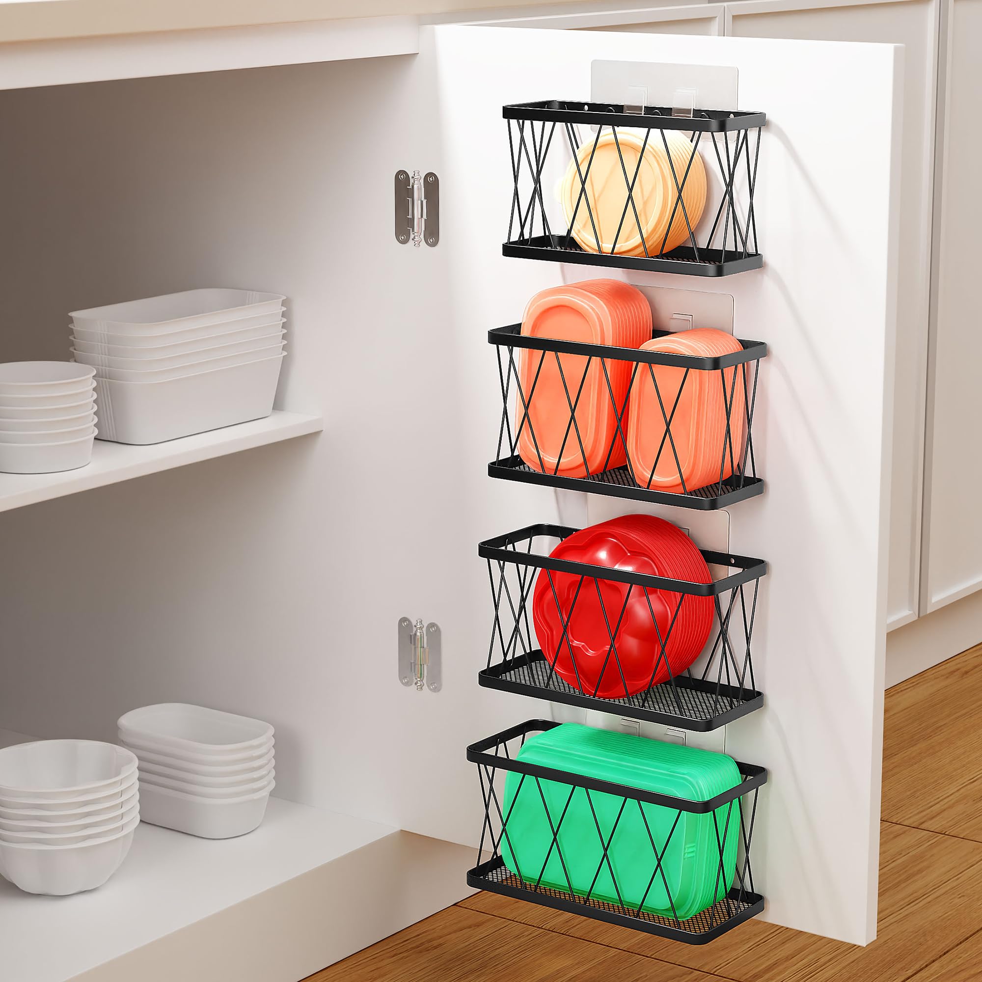 BasicForm 4 Pack Metal Kitchen Inside Cabinet Door Organizer, Adhesive Lid