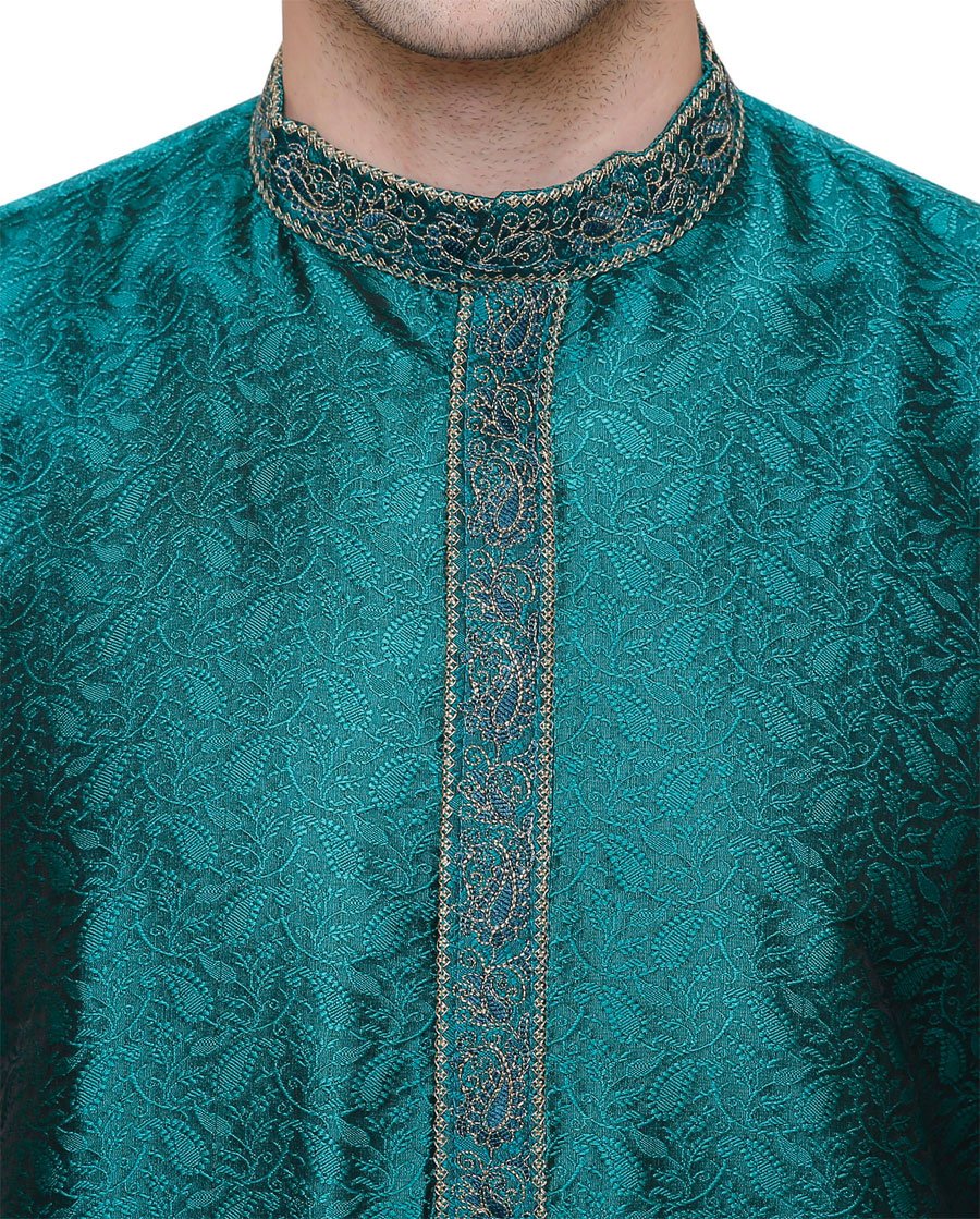 Poly Silk Men's Kurta Pajama India Clothing Wedding Party Wear (Green, XL)