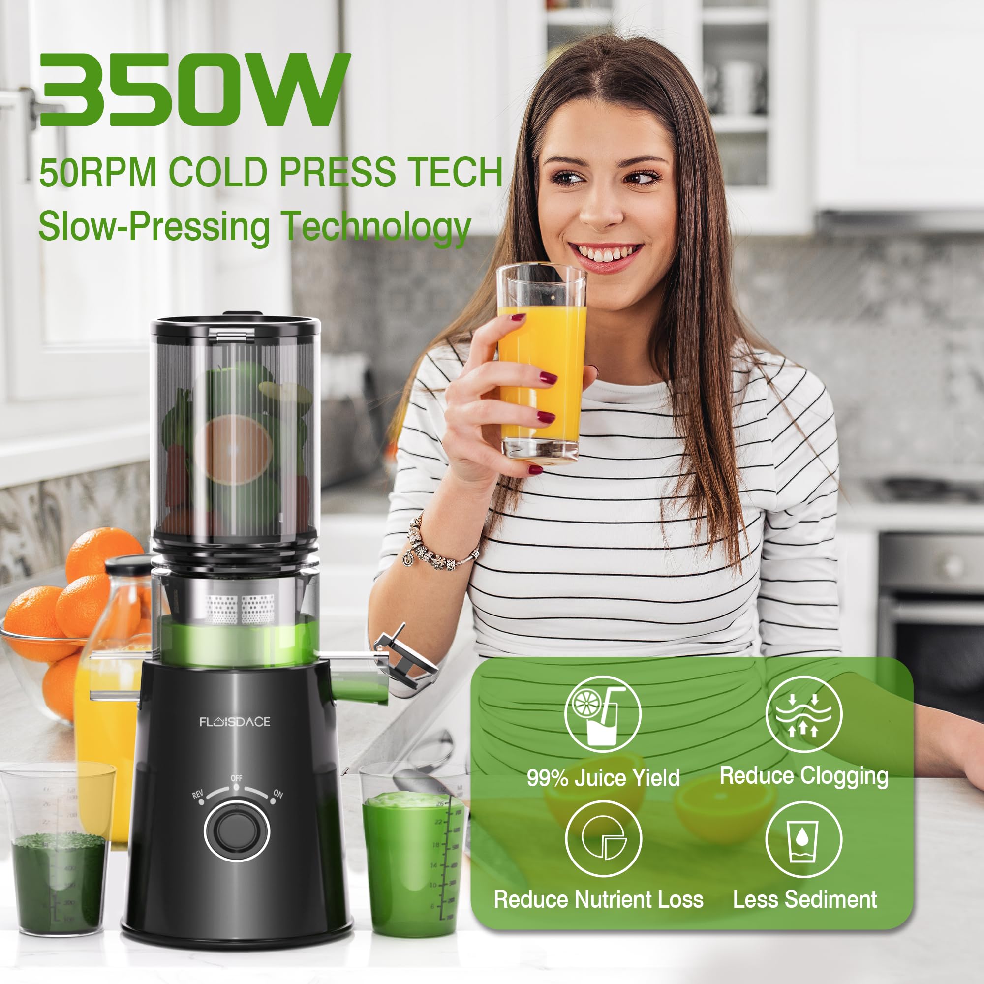 Cold Press Juicer Slow Masticating 5" Wide Chute 1.5L Stainless Steel Black