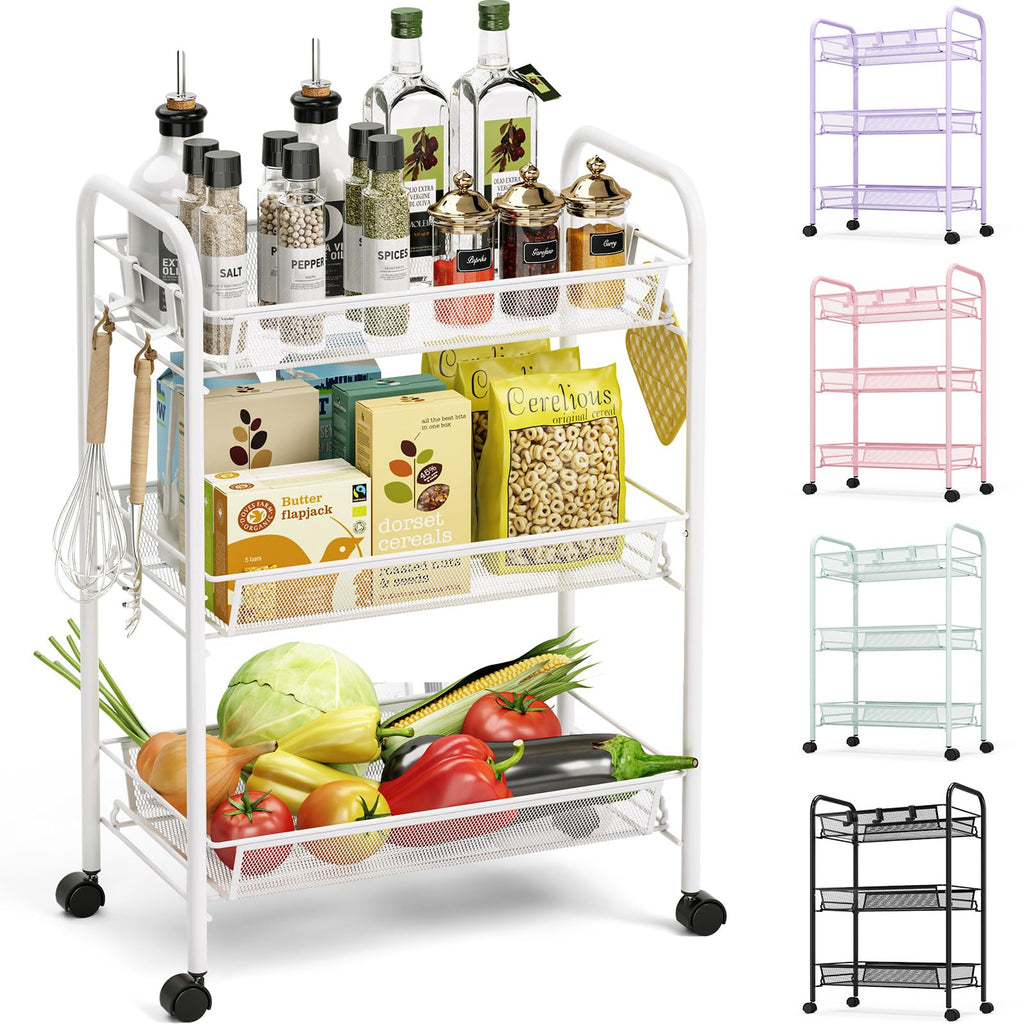 TOOLF 3-Tier Metal Rolling Cart Mesh Wire Storage Trolley Wheels 3 Hooks
