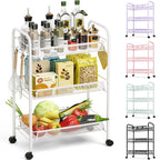 TOOLF 3-Tier Metal Rolling Cart Mesh Wire Storage Trolley Wheels 3 Hooks