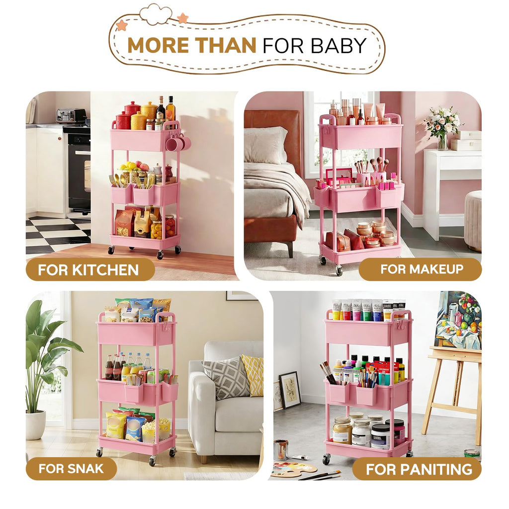 Goovilla Diaper Cart with Lockable Wheels and Easy Assembly, 3 Tier Pink Rolling