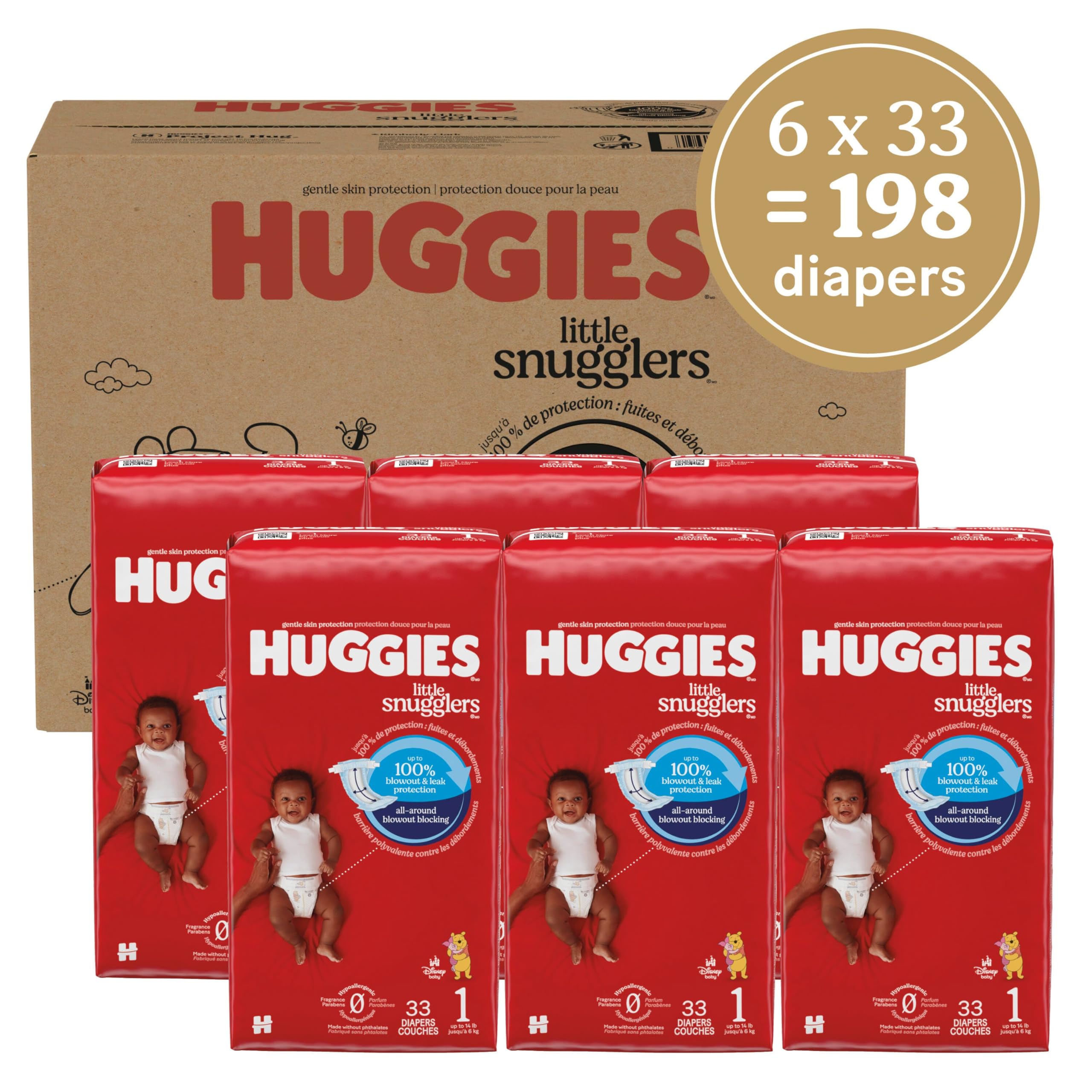 Huggies Size 1 Diapers, Little Snugglers Diapers, Size 1 (8-14 lbs), 198 Count