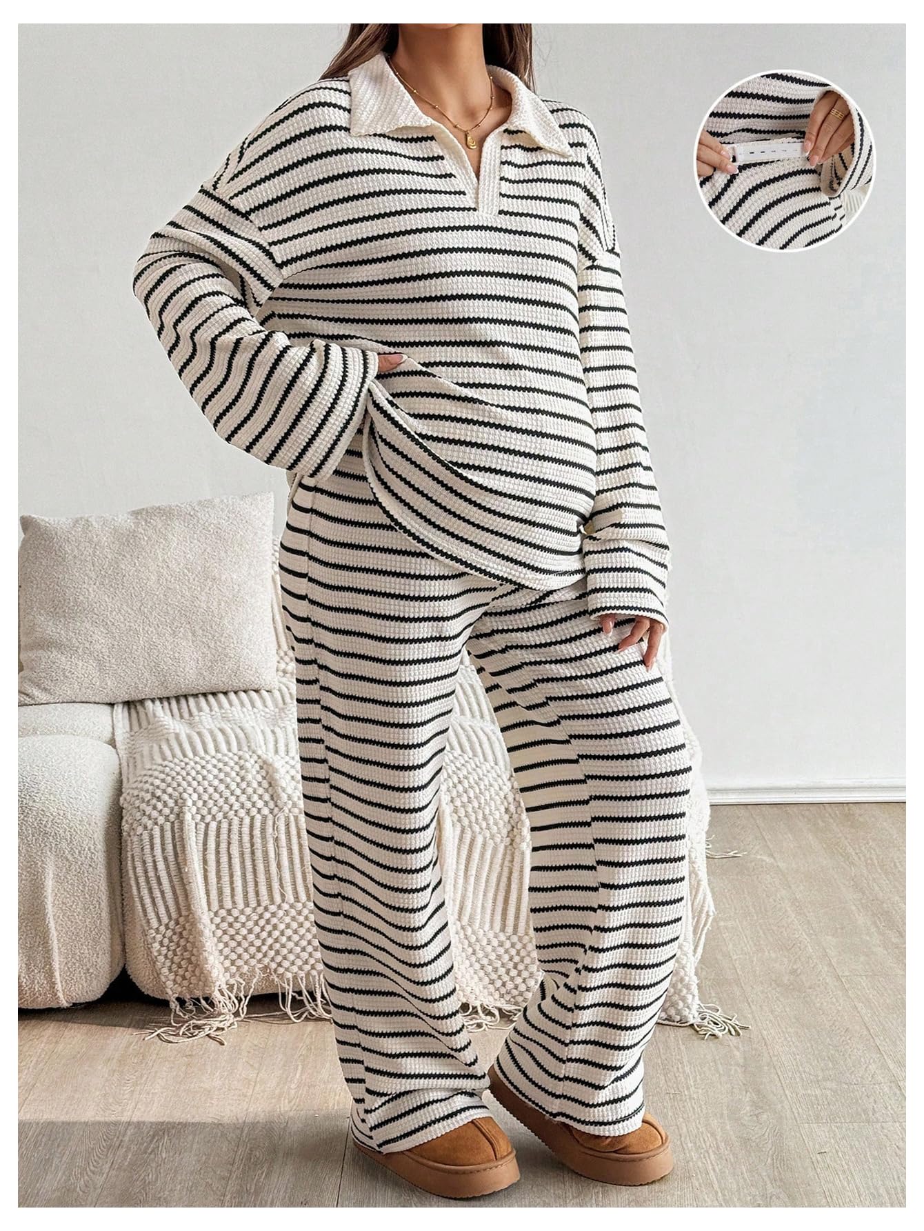 Verdusa Womens Maternity 2 Piece Set Striped Long Sleeve Top Pants Lounge Wear