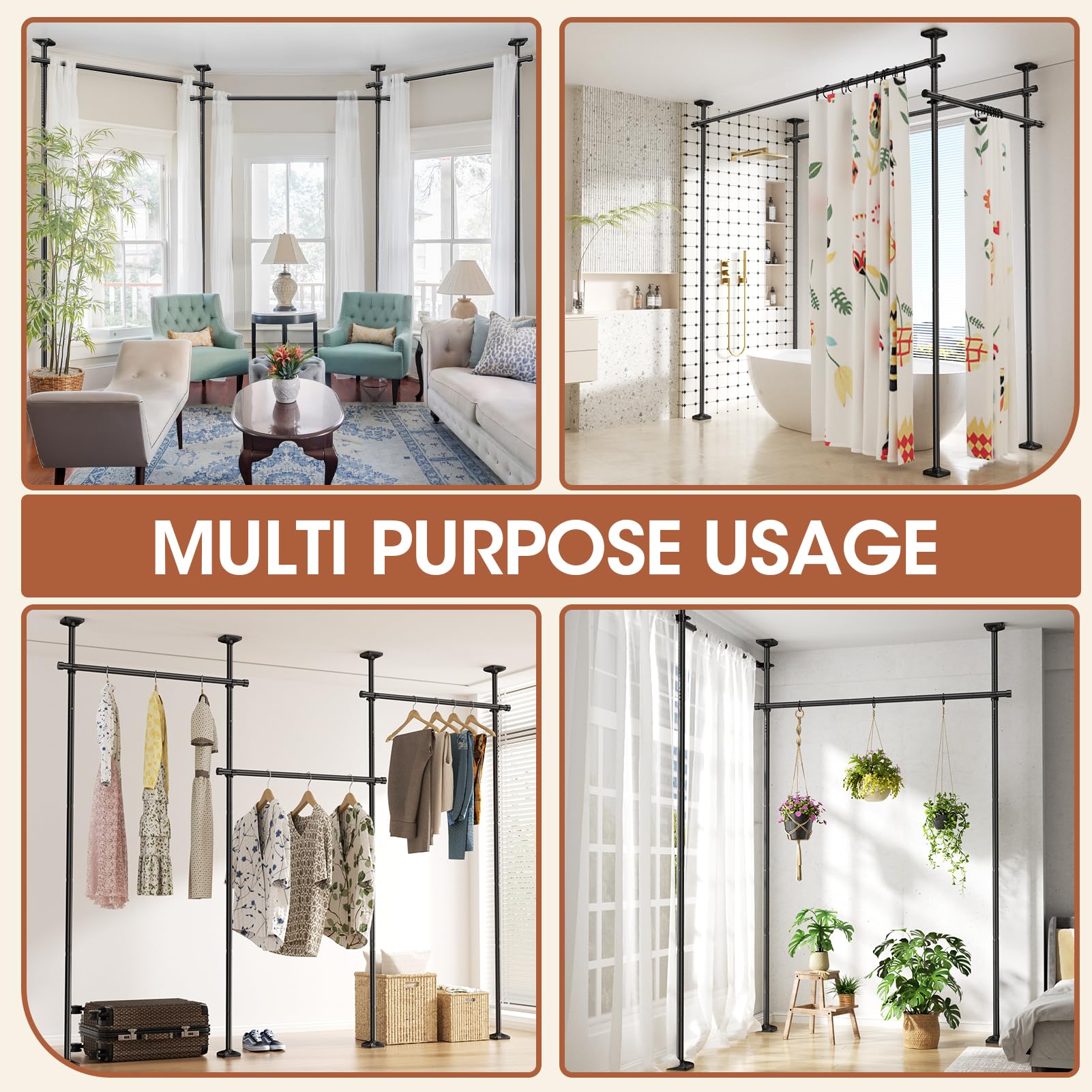 SUNALLY Room Divider Curtain Rod, No Drilling Wall Divider for Room Separation,