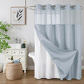 No Hook Shower Curtain w/Snap Liner Mesh Window Fog Blue 72x75 Waffle