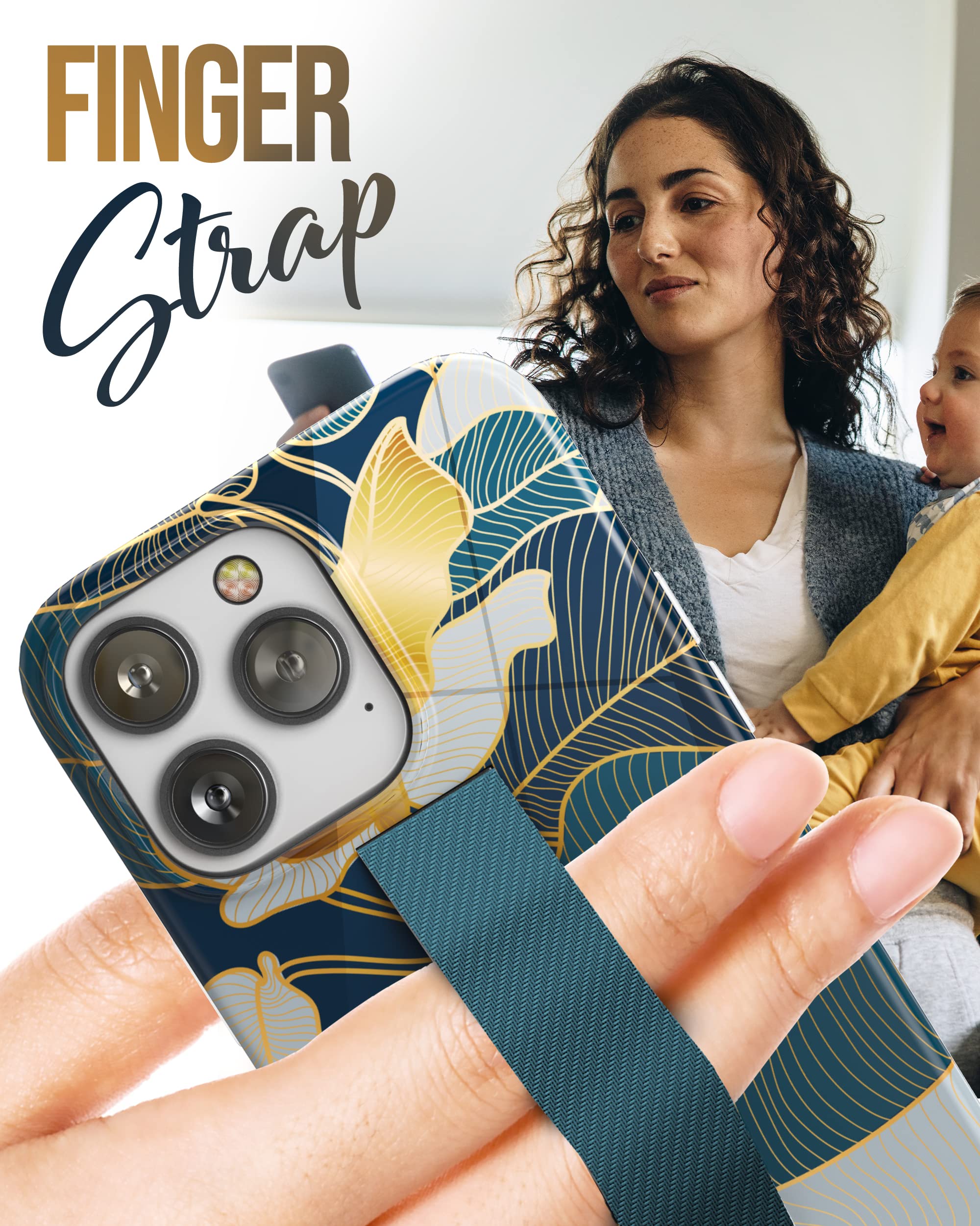 ENCASED iPhone 14 Pro Max Finger Strap Case Screen Protector Blue Gold Leaf