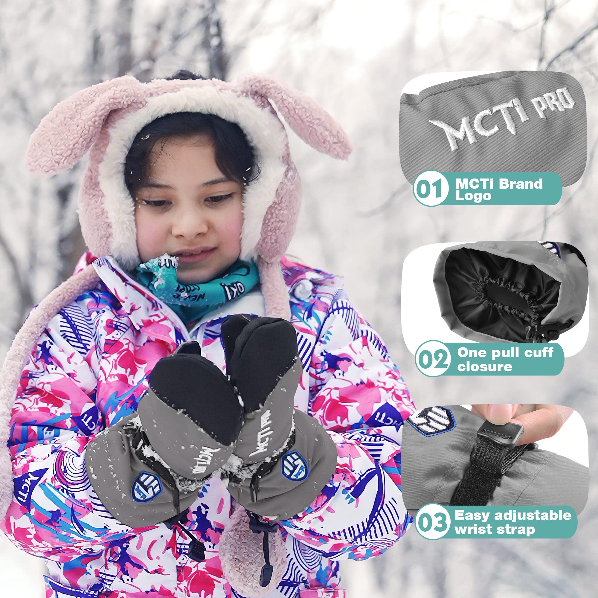 MCTi Kids Mittens Waterproof Winter Ski Warm Sherpa Fleece Lined Removable