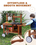 ROBOTIME Mud Kitchen for Kids Outdoor with Wheels, Fun Wooden Kid Kitchen