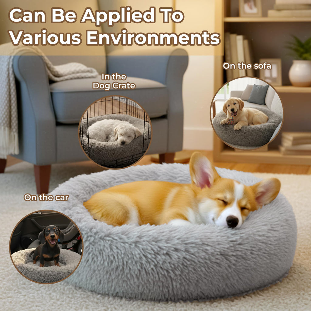 Calming Donut Dog and Cat Bed for Indoor Cats, Anti-Anxiety Round Fluffy Soft