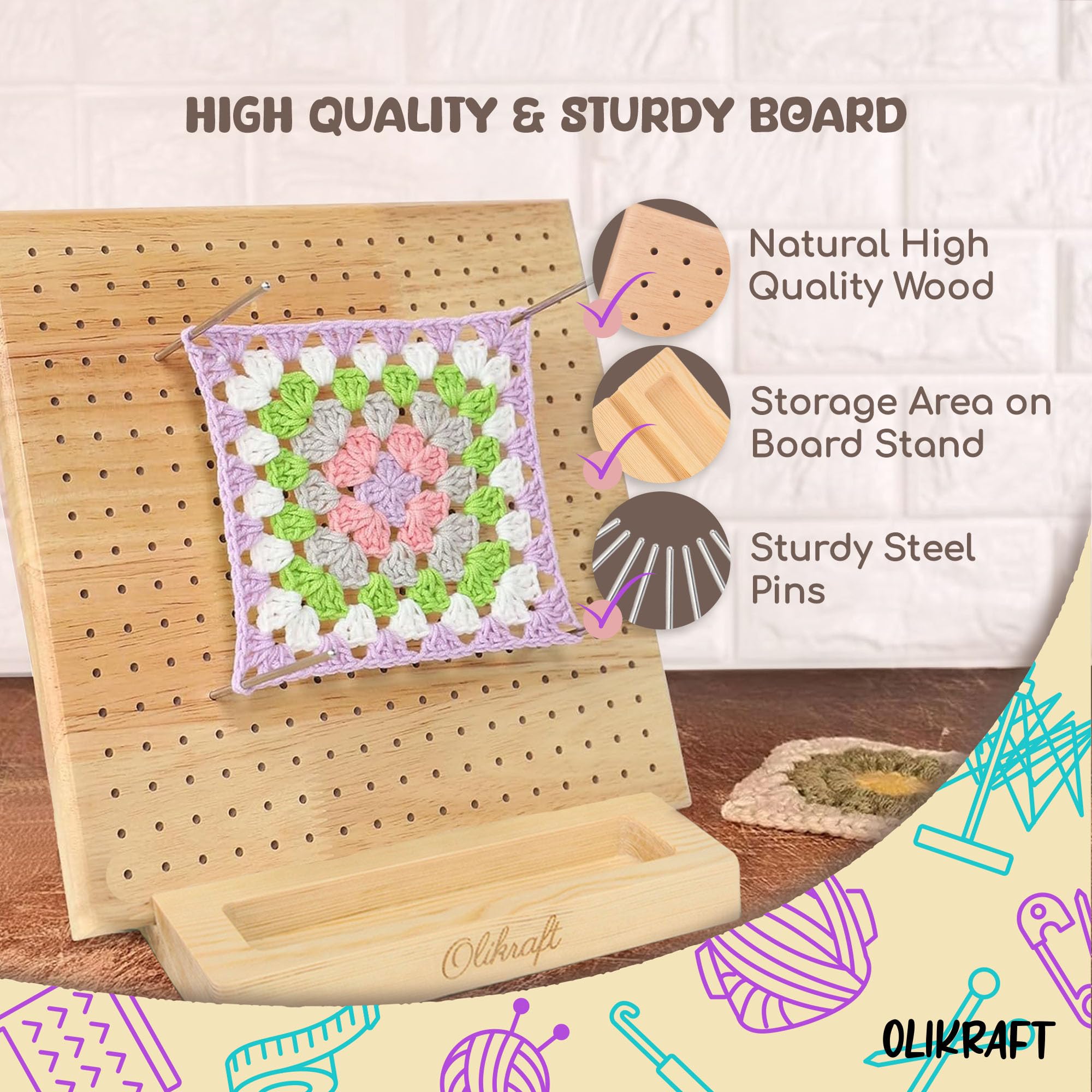 Olikraft 9.5" Crochet Blocking Board with Pegs 15 Pins - Granny Square Blocking