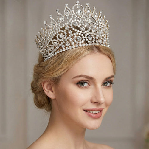 Large 5" Golden Rhinestone Crown Women Sparkly Quinceanera Pageant Tiara