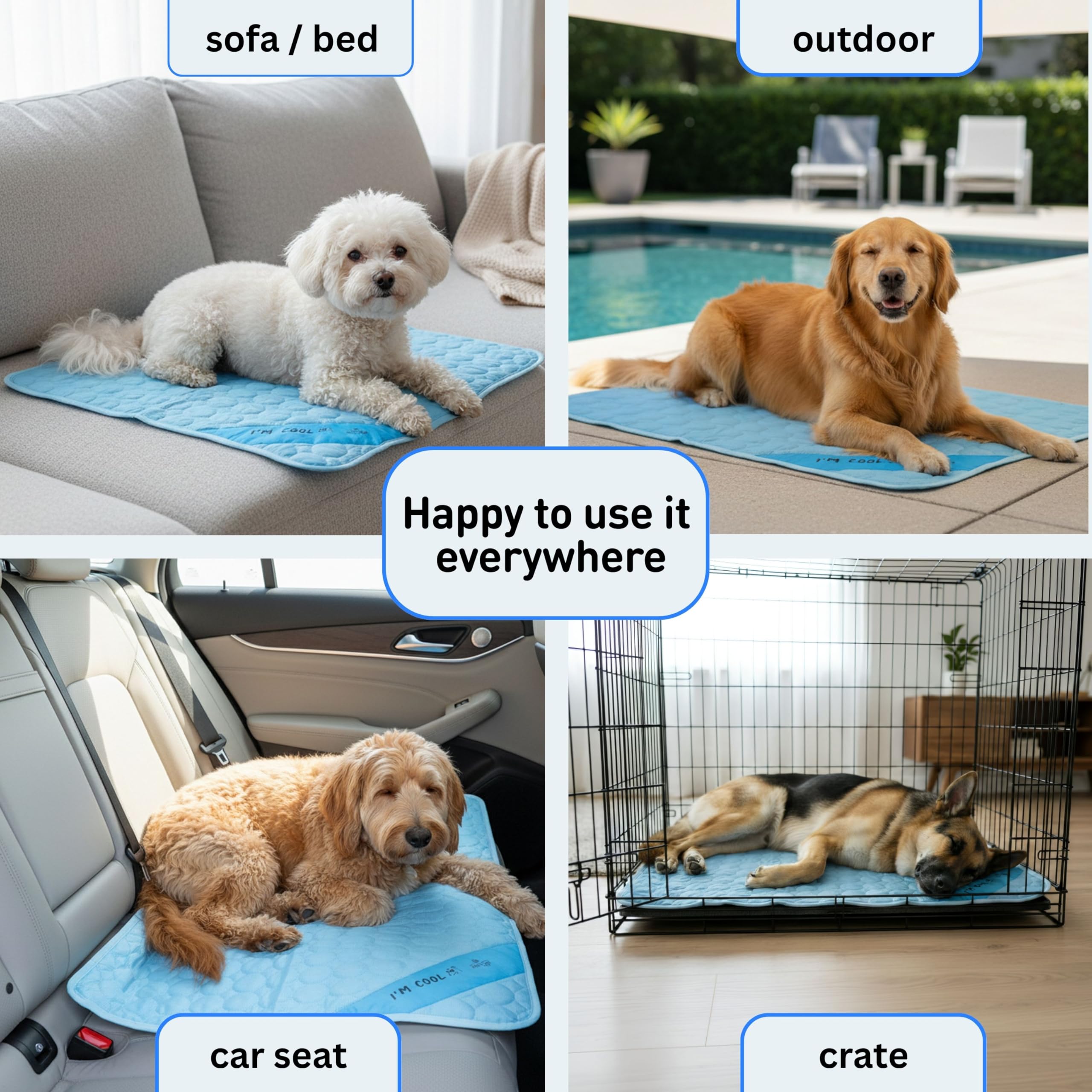INSPECTOR TAIL Dog Cooling Mat - No Freeze Needed, Self-Cooling Pad for Medium Dogs, Washable Portable for Crate Kennel Car Sofa Bed Floor, Indoor Outdoor Summer Use, 28"x22" with Carry Bag