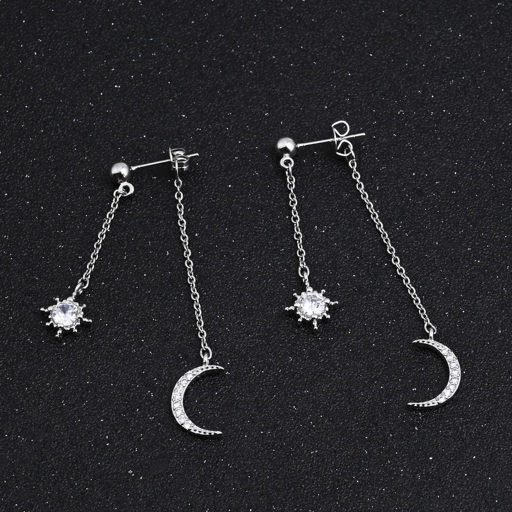 Watforsh Moon and Star Dangle Earrings for Women Chain Tassel with Cubic