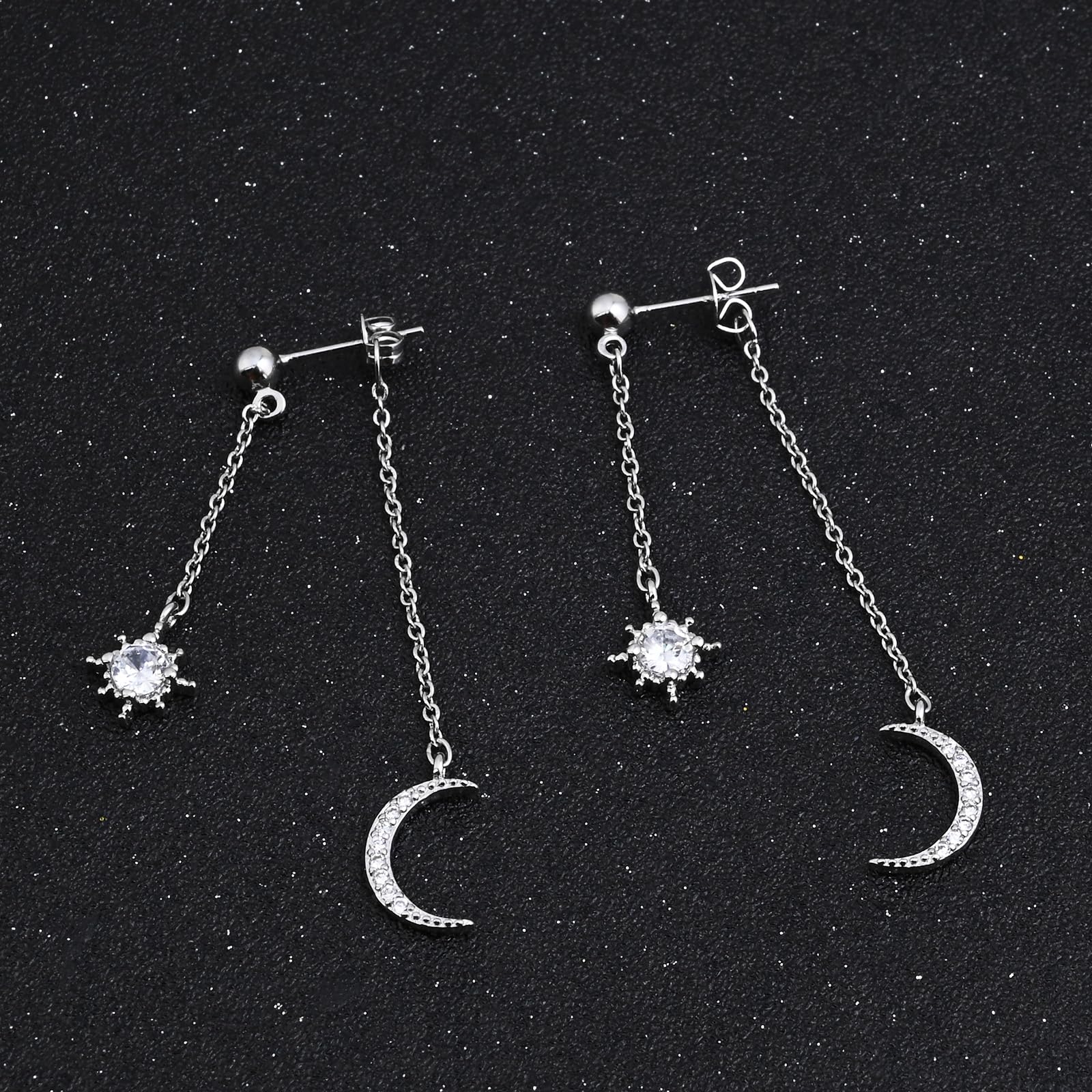 Watforsh Moon and Star Dangle Earrings for Women Chain Tassel with Cubic