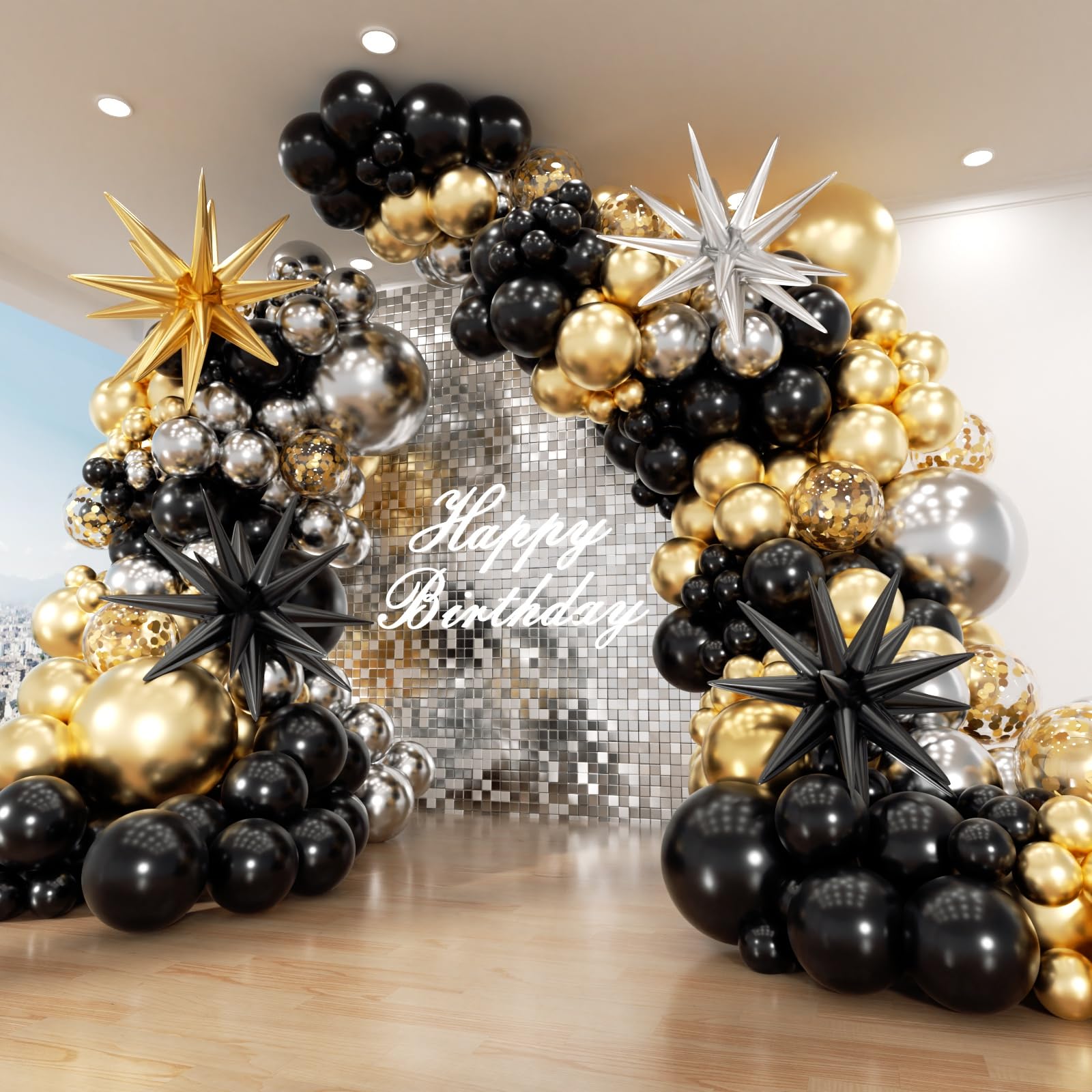 PTGOLUO Black Gold and Silver Balloon Arch Garland Kit 153pcs with Star, 22 18