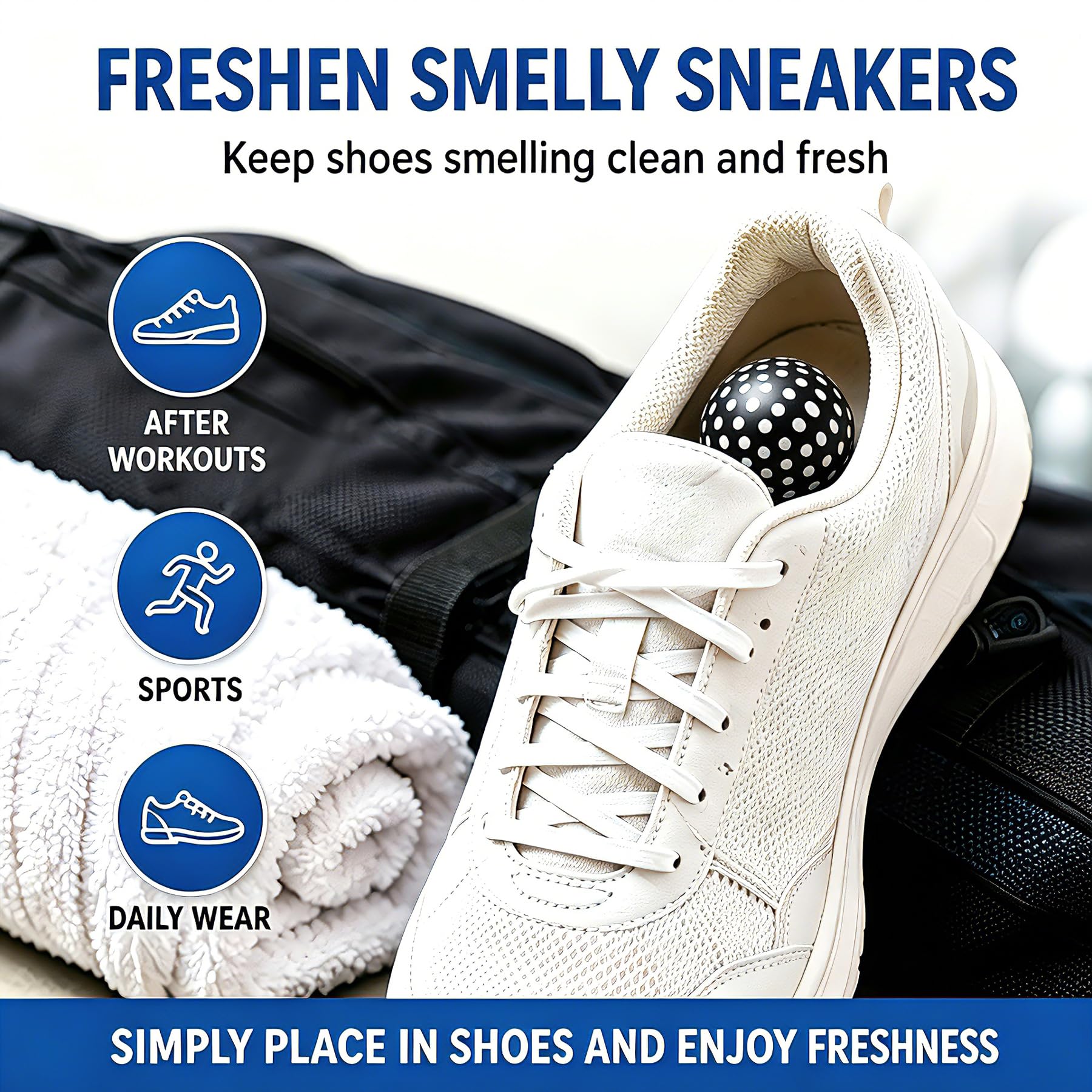 Knixmax Sneaker Deodorizer Shoe Freshener Balls, Odor Eaters for Shoes Boots Mules, Smell Eliminator Ball for Gym Gear Bags and Lockers, Fresh Linen Scent, Pack of 6, Black White