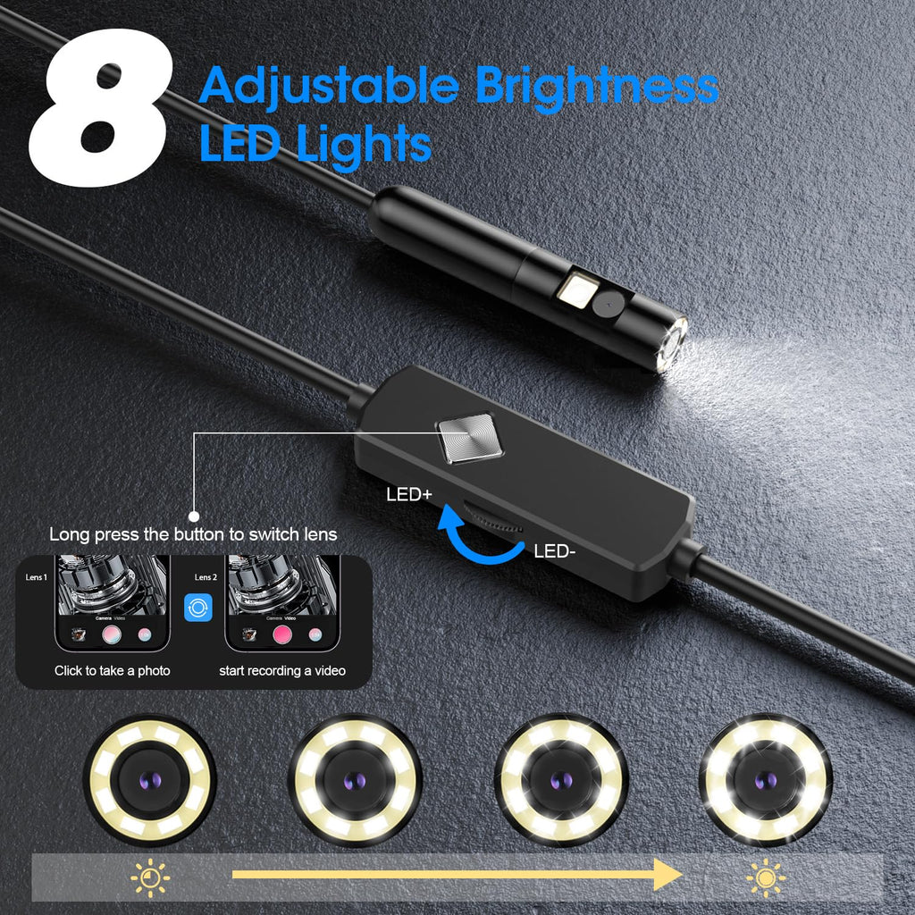 PAPIBLU Endoscope with Light, 1920P HD Borescope with 8 Adjustable LED Lights,