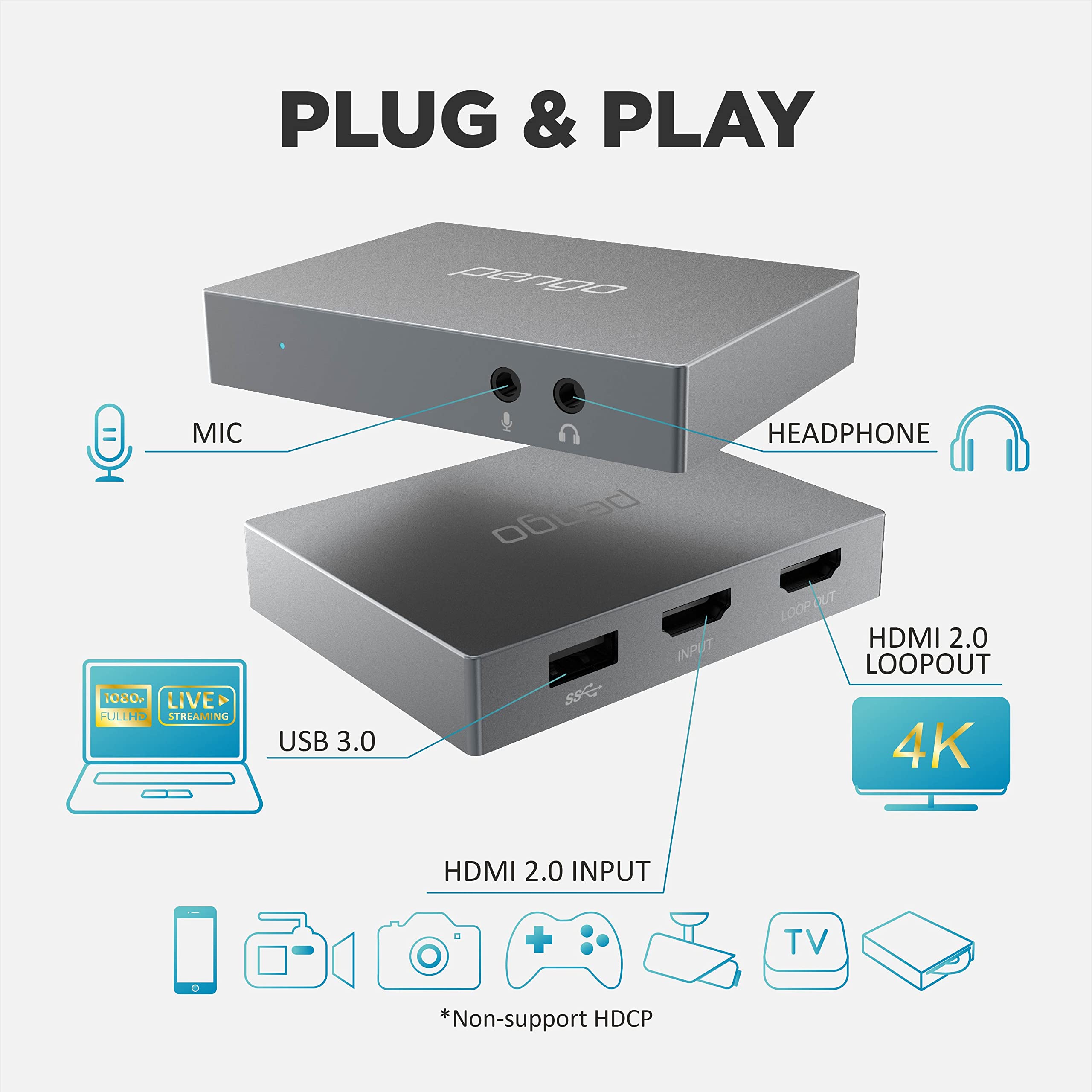 Pengo 4K HDMI Capture Card USB 3.0 1080p60 Pass Through PS5 Xbox Switch