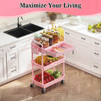 3 Tier Rolling Cart with Drawer Pink Storage Organizer Bathroom Kitchen Office