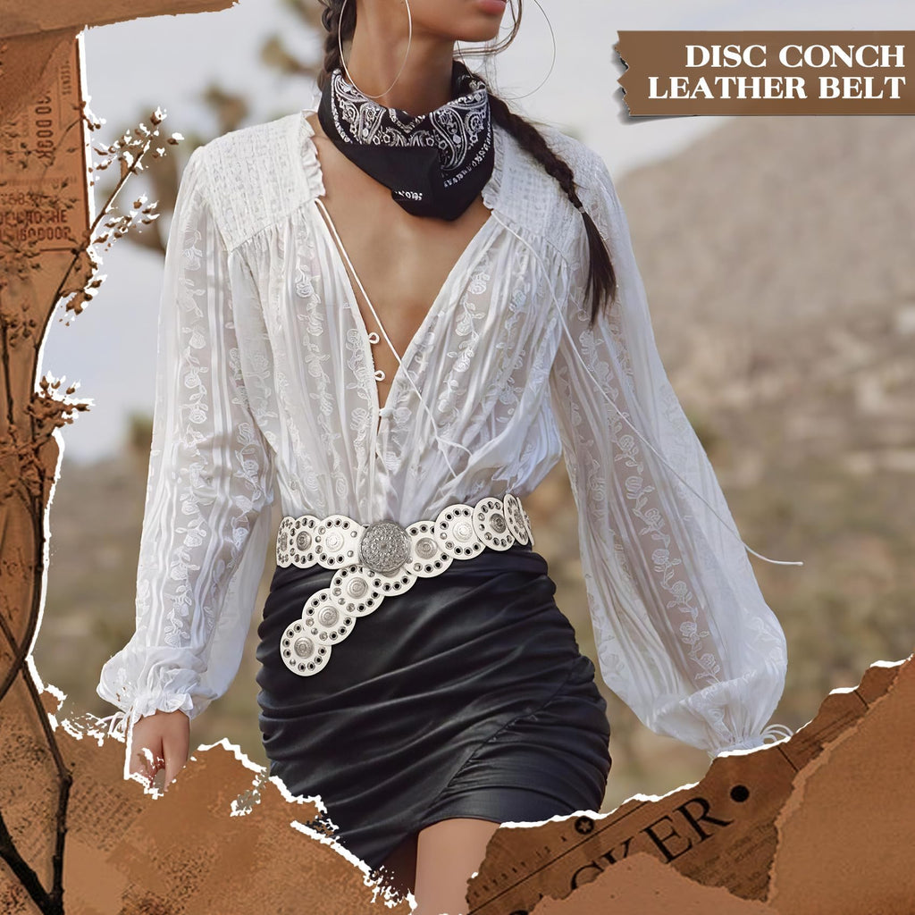 WHIPPY Western Belts for Women Vintage Disc Waist Belts Concho Leather Belts