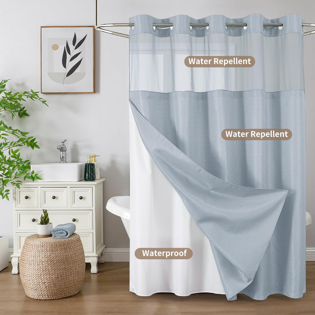 No Hook Shower Curtain w/Snap Liner Mesh Window Fog Blue 72x75 Waffle