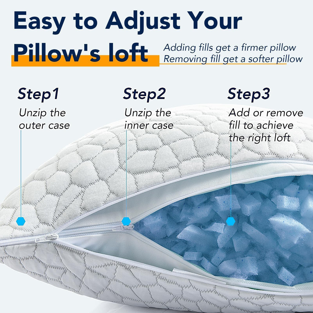 QUTOOL Cooling Memory Foam Pillow Queen Adjustable for Side Back Sleepers