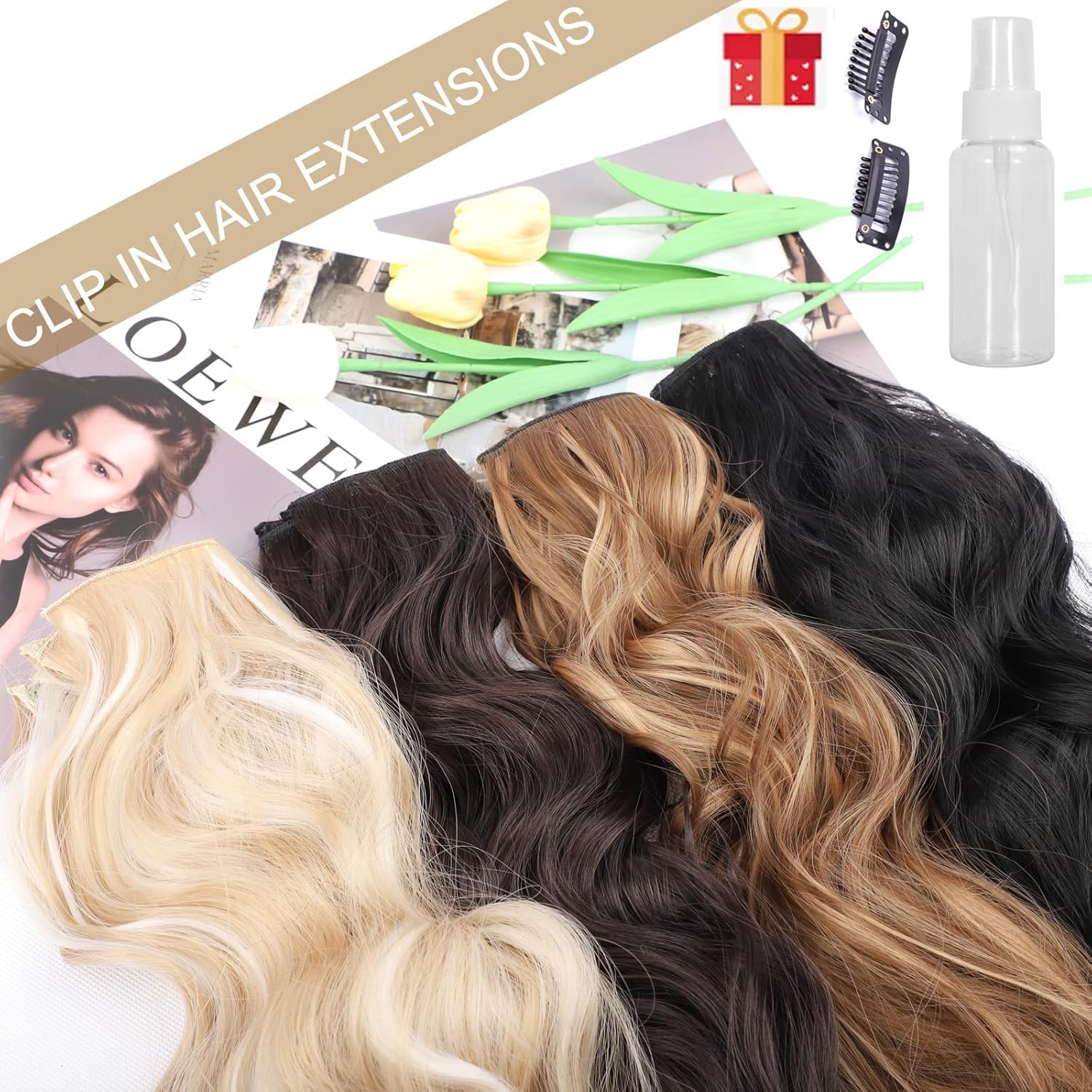 Clip in Hair Extensions 4 PCS 20 Inch Auburn Long Wavy Hair Extensions, Natural