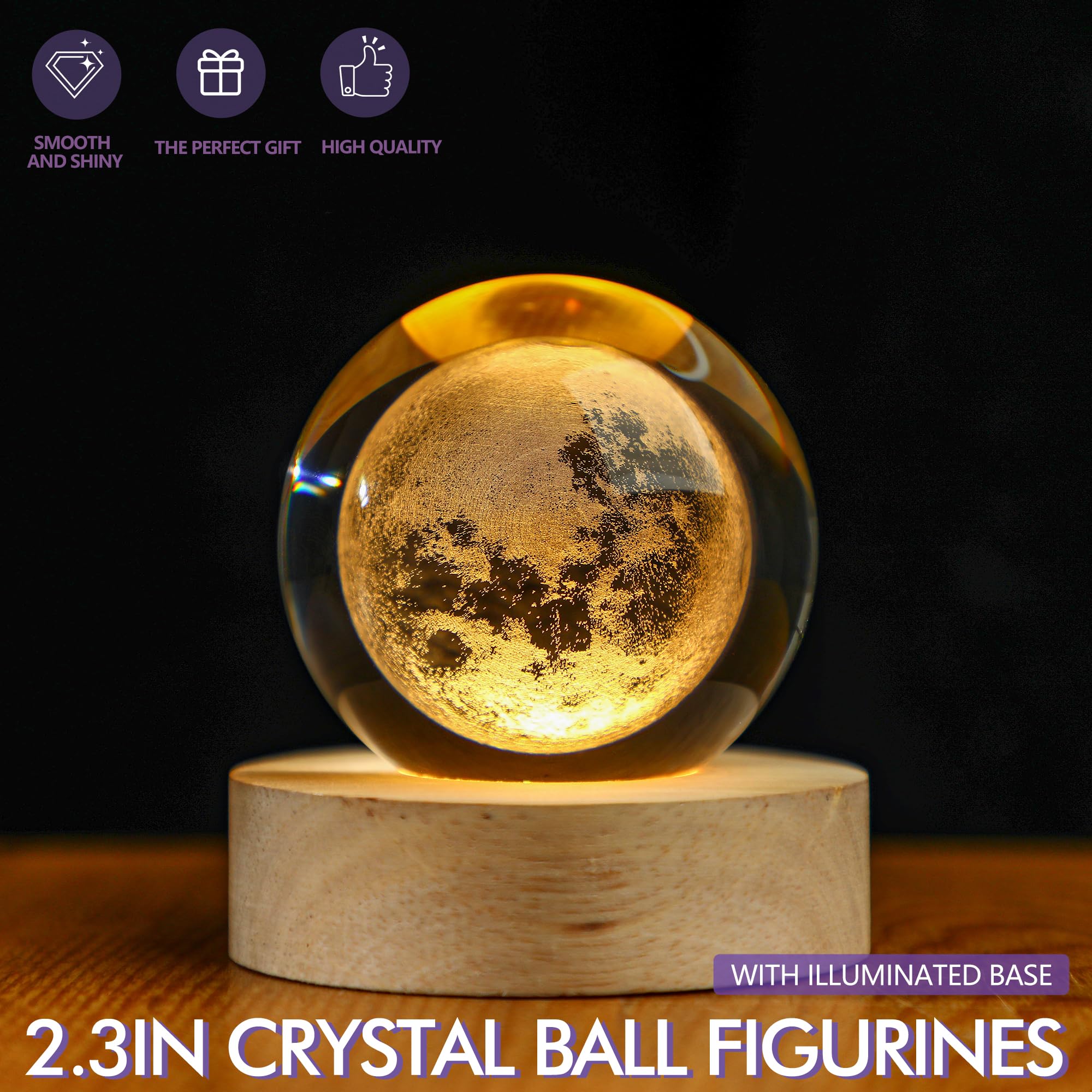 LOULIQIGIFT Crystal Moon Crystal Ball with Light Base Night Light 2.3Inches
