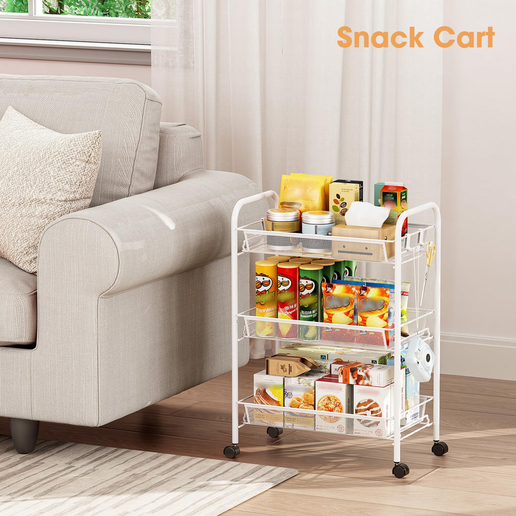 TOOLF 3-Tier Metal Rolling Cart Mesh Wire Storage Trolley Wheels 3 Hooks