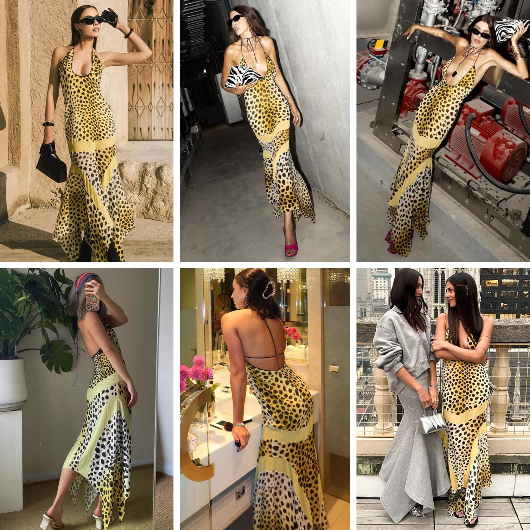 Caviotess Women’s Sexy Halter Backless Leopard Print Maxi Dress Irregular Hem