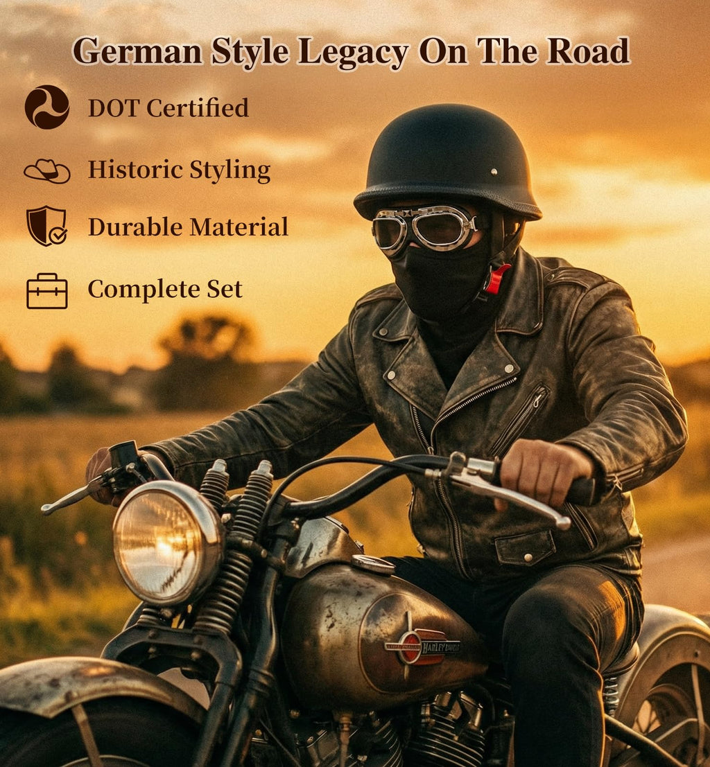 Yesmotor Motorcycle Helmet German Style Half Helmet DOT Approved with Goggles