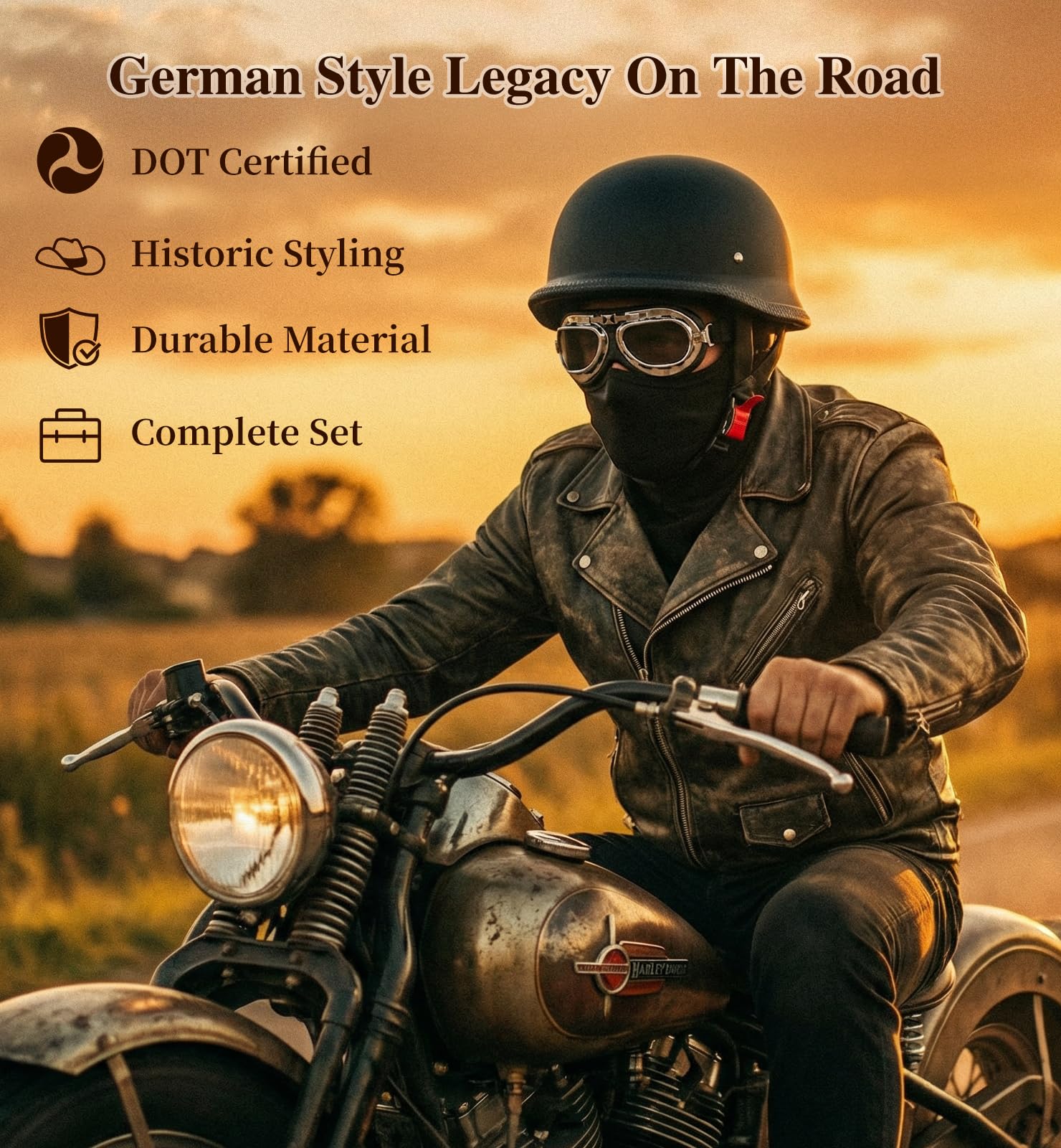 Yesmotor Motorcycle Helmet German Style Half Helmet DOT Approved with Goggles