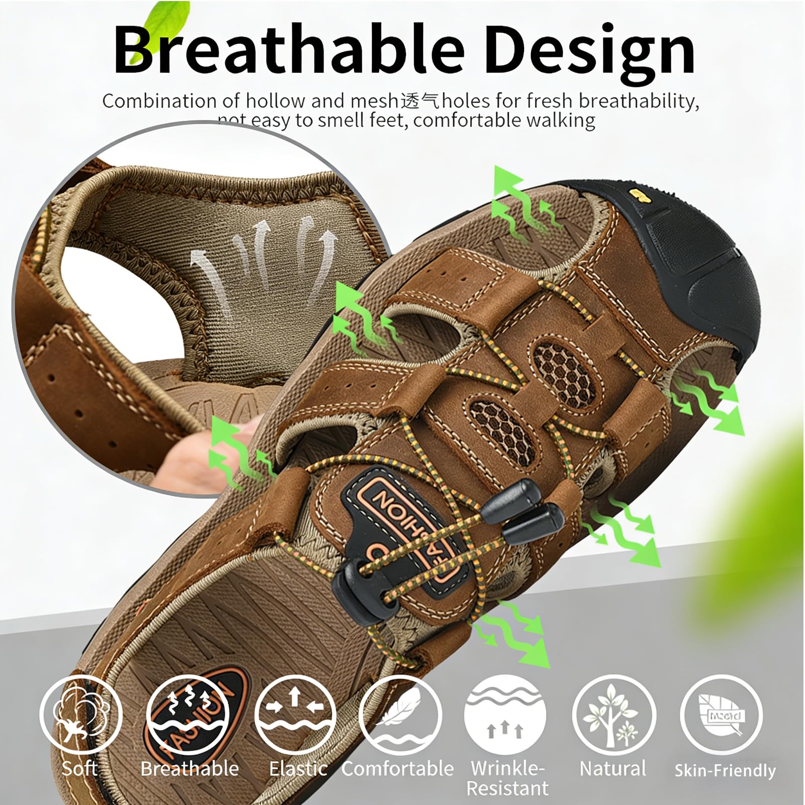 XENTORD Men's Genuine Leather Sport Sandals Comfort Platform Non-Slip Hiking Sandals with Arch Support Lightweight Closed Toe Outdoor Trail Water Shoes (Gray,8)