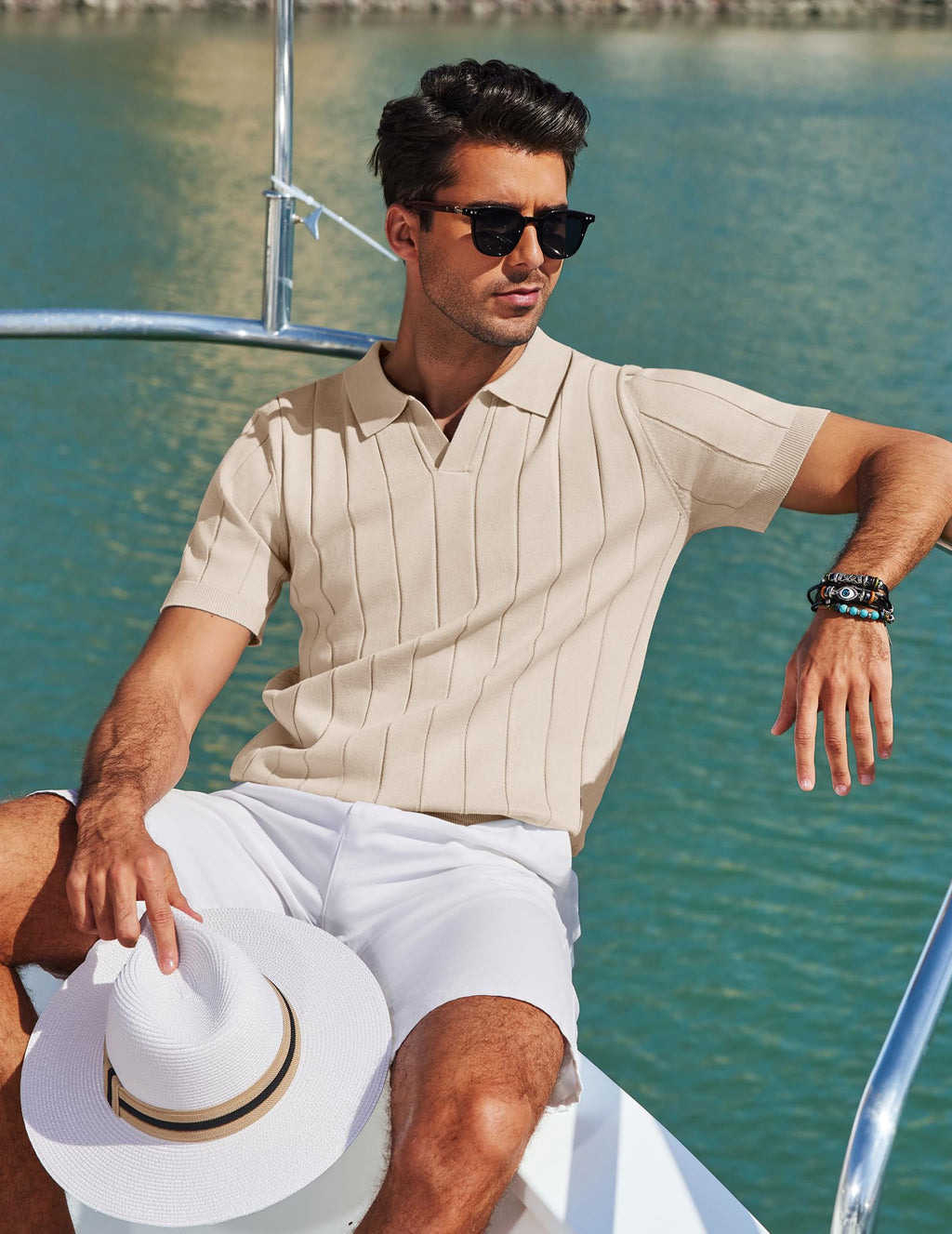 COOFANDY Mens Knit Polo Shirt Short Sleeve V Neck Casual Golf Shirt