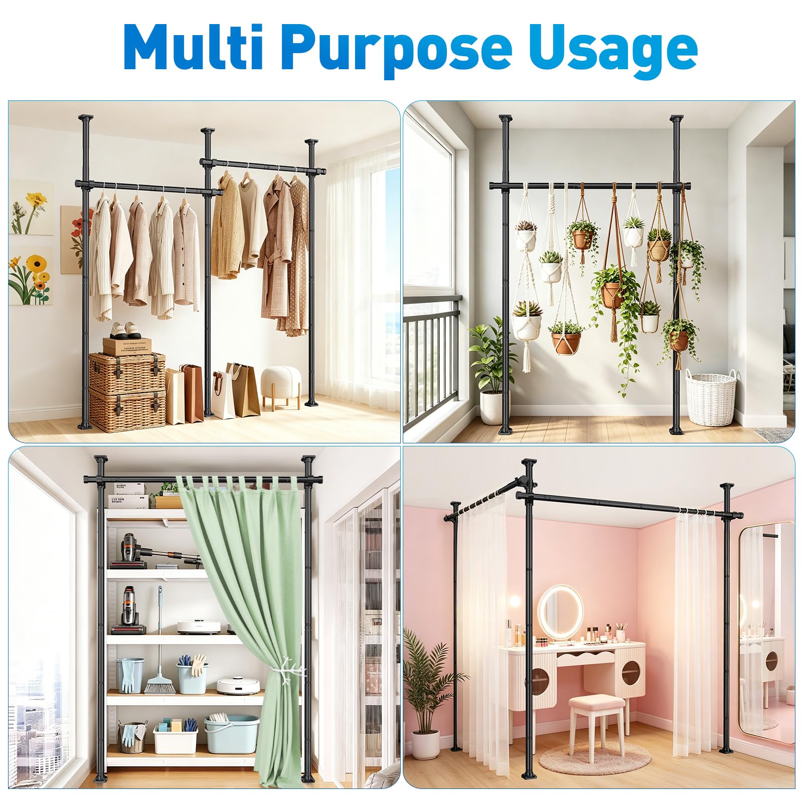 SUNALLY Tension Curtain Rod Room Divider 4-10FT No Drill Floor Ceiling Black