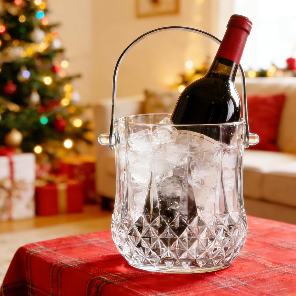 Glass Ice Bucket with Handle & Tongs 37oz Clear Crystal Champagne Cocktail