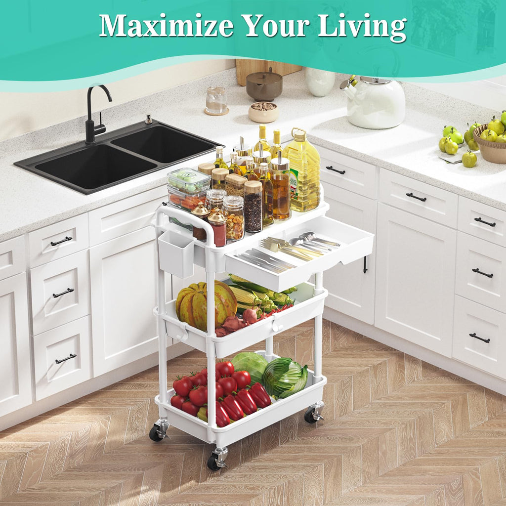 3 Tier Rolling Cart Drawer Bathroom Storage Organizer 2 Lockable Wheels White