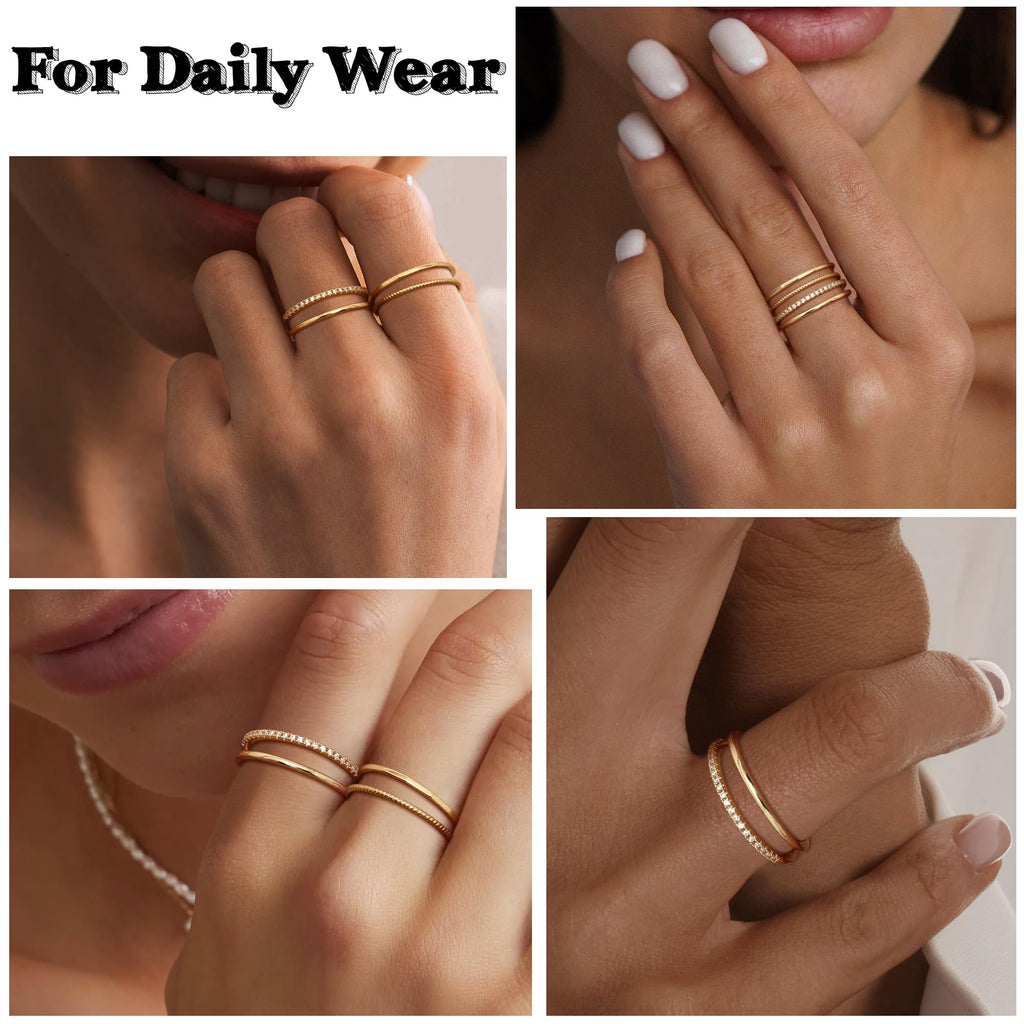 MILACOLATO 14K Gold Plated 1.3mm Thin Stackable Rings for Women - Minimalist Non Tarnish Cubic Zirconia Half Eternity Band Rings - Dainty Trendy Statement Stacking Rings Set G 6