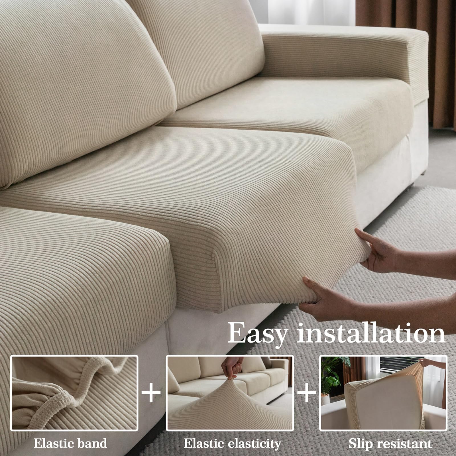 Stretch Sofa Couch Cover Washable Anti Slip Furniture Protector Light Brown