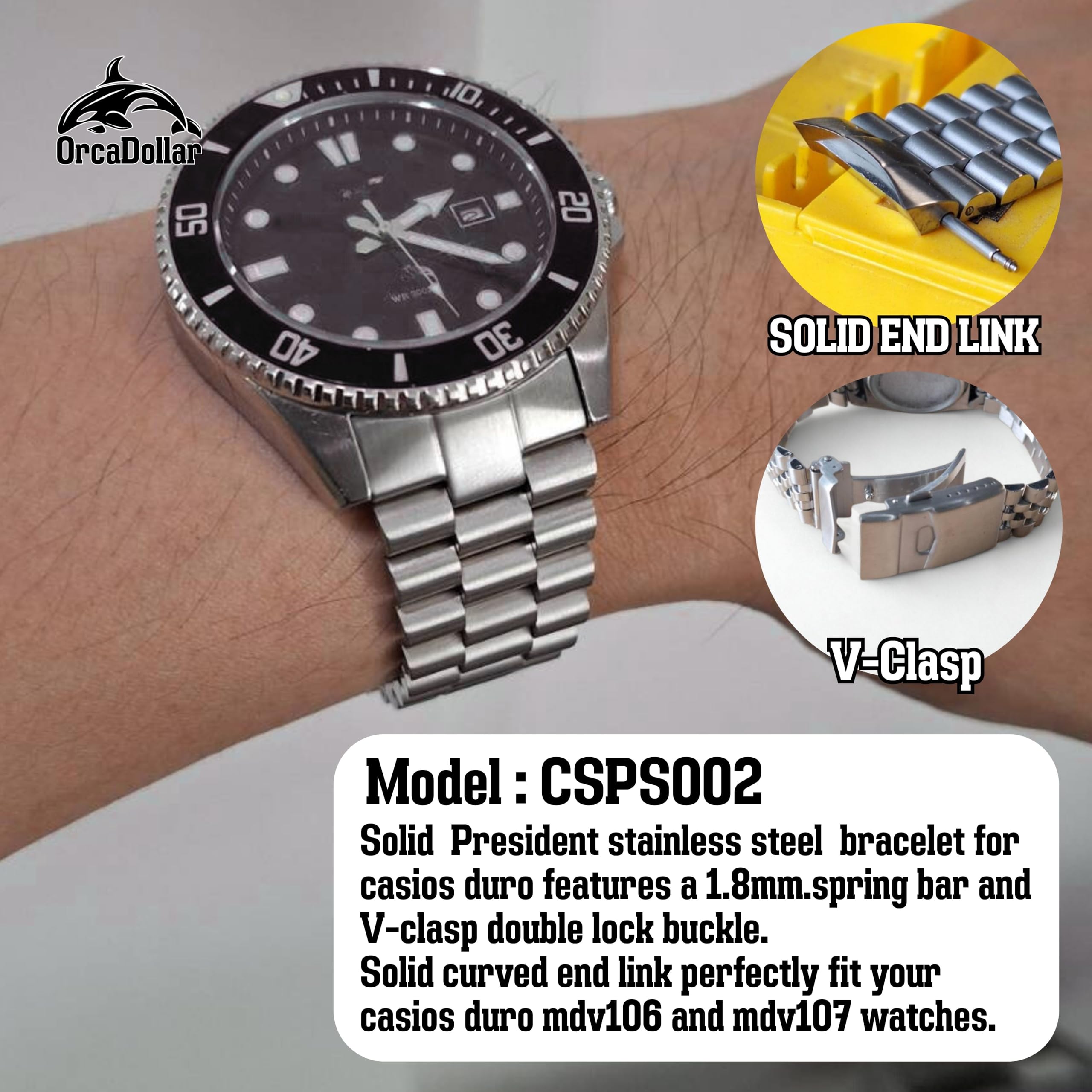 CSJU002 Solid jubilee Stainless Steel Watch Band for Casio Duro MDV106 / MDV107