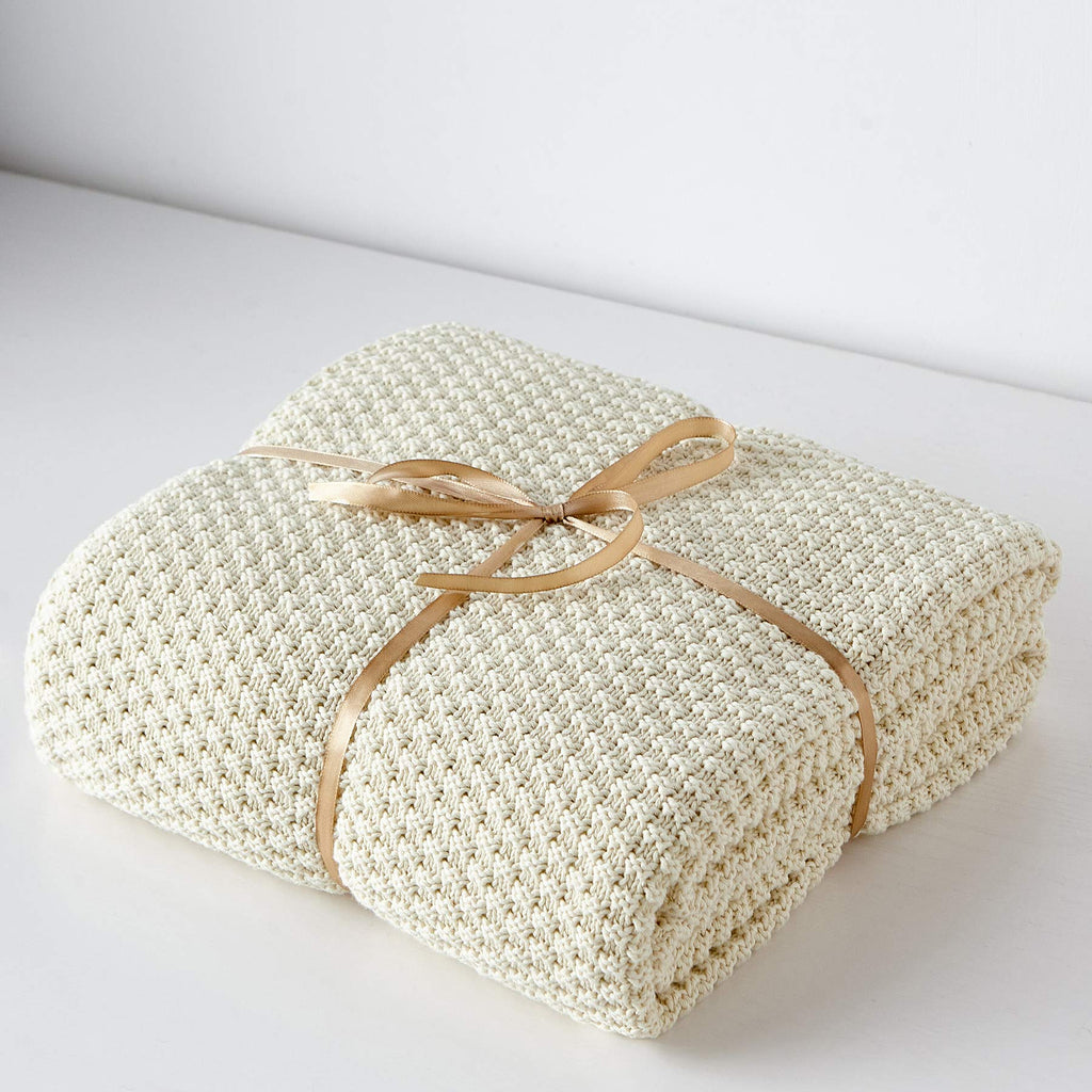 Longhui bedding 100% Cotton Knitted Throw Blanket – Cream, Soft & Cozy, Machine