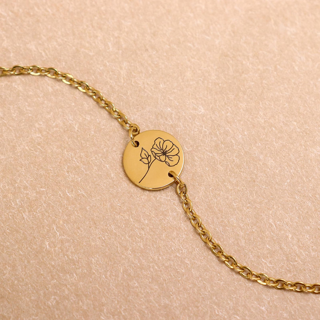 Birth Flower Gold Chain Bracelet for Women Adjustable Stackable Jewelry Gift