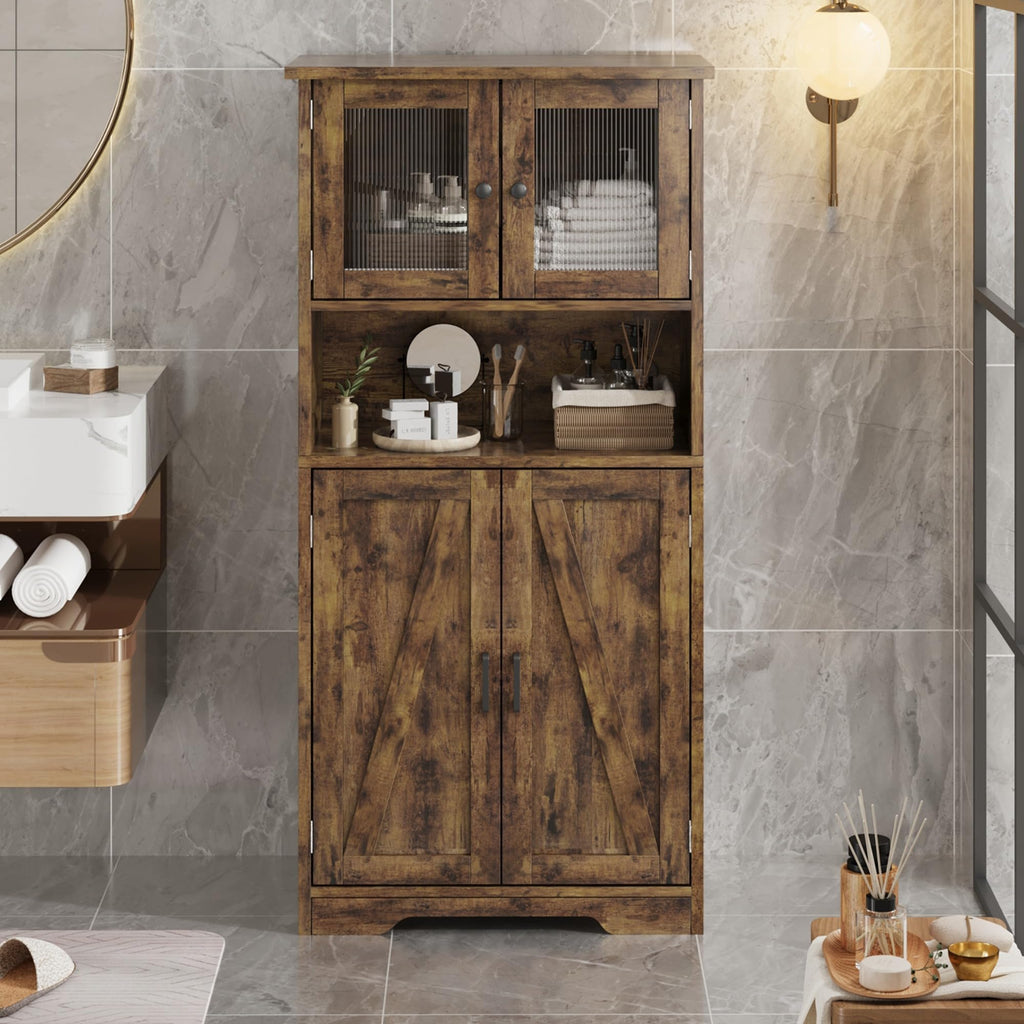 GarveeHome 54 in Tall Bathroom Cabinet, Farmhouse Storage Cabinet with Glass